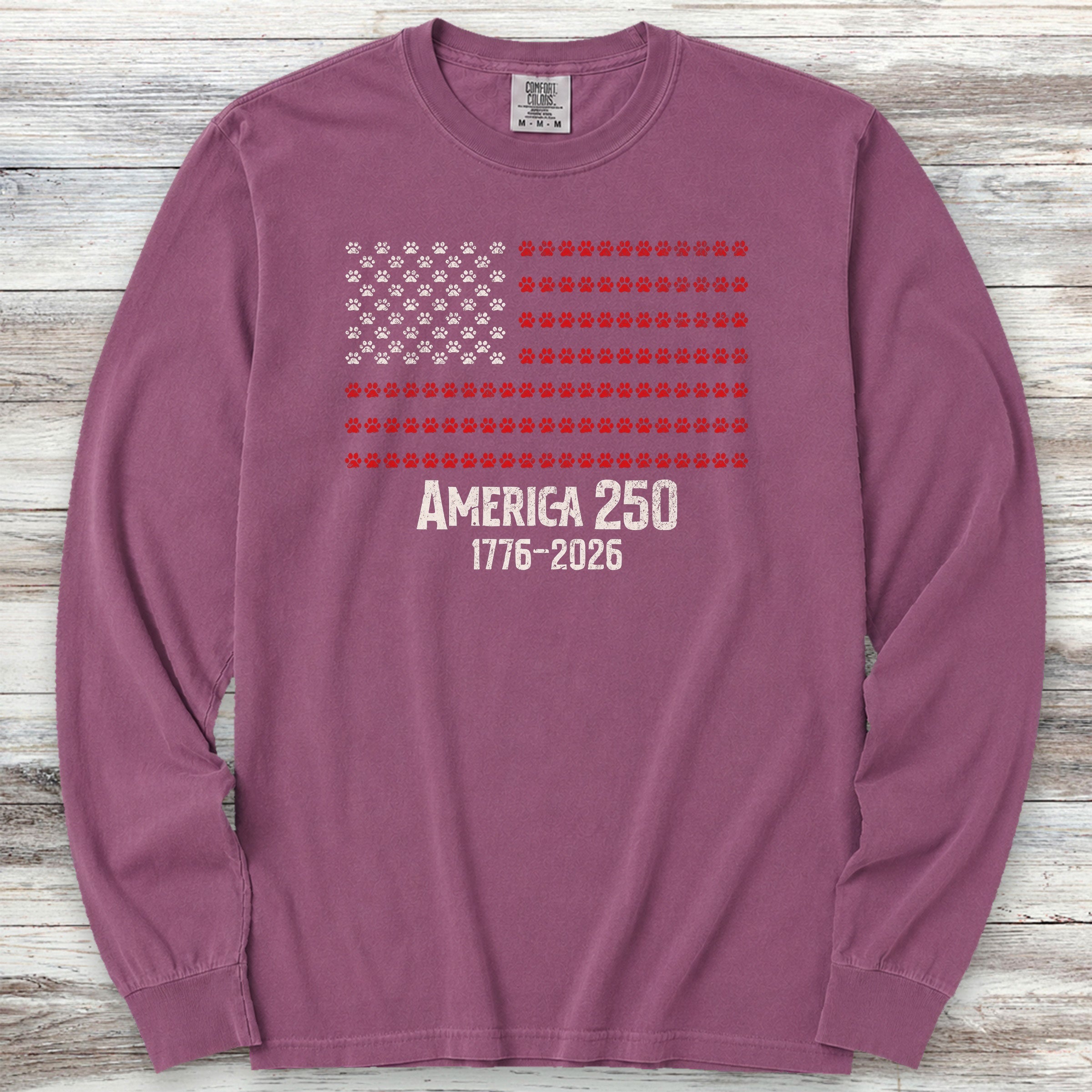 Vintage Red White & Paws 1776-2026 Long Sleeve Tee - Berry
