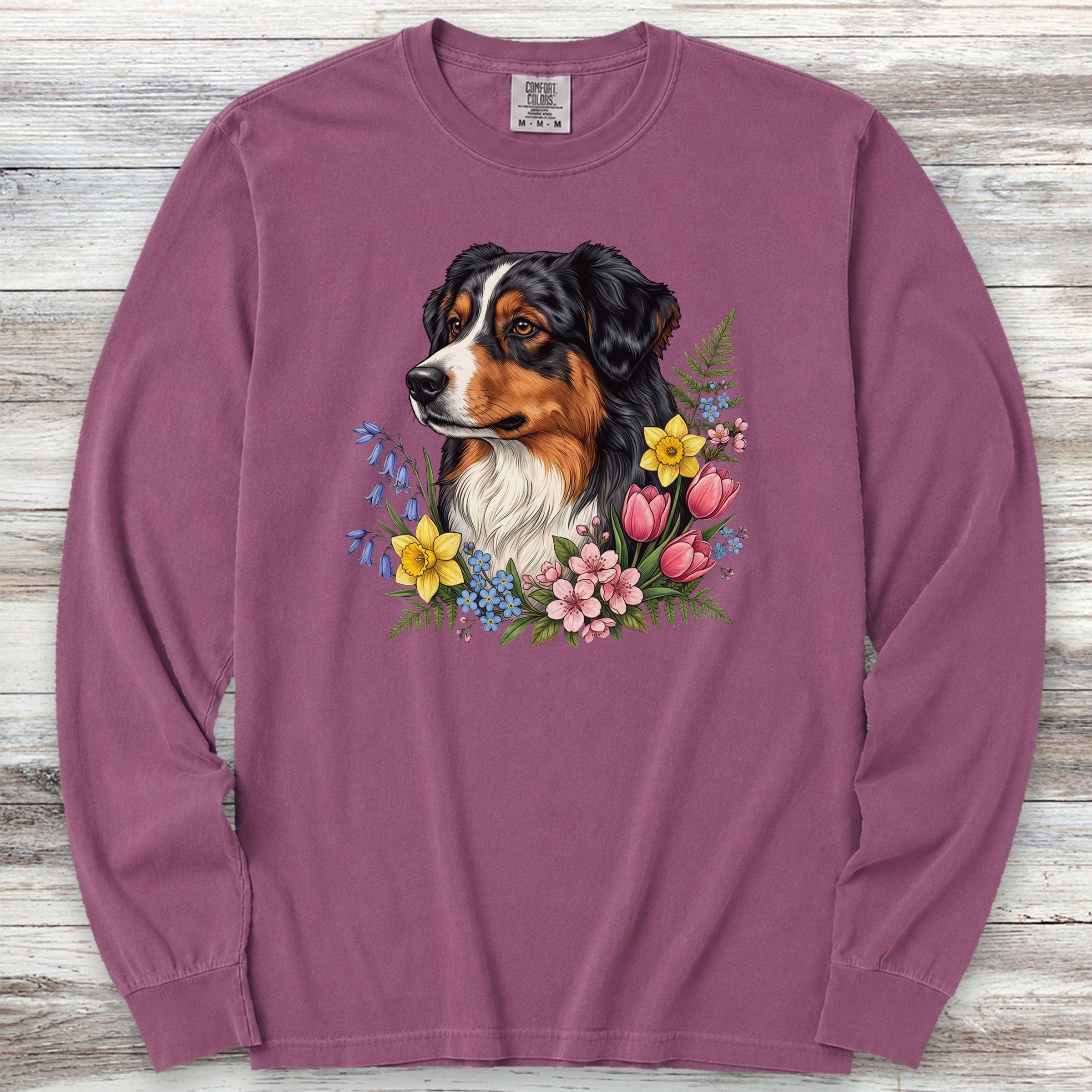 Australian Shepherd Tri Portrait Long Sleeve Tee - Berry