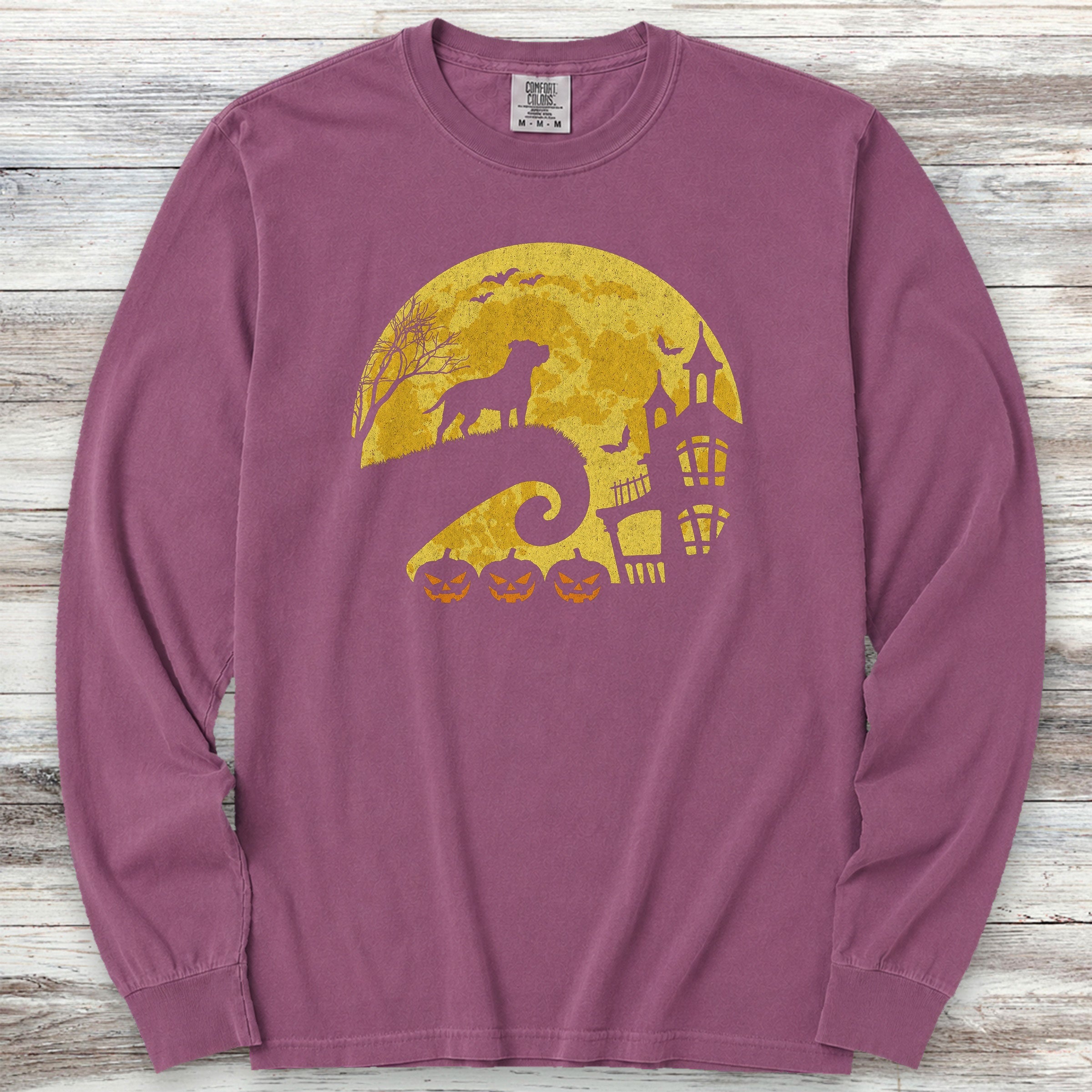 Pit Bull Halloween Moon Long Sleeve Tee - Berry