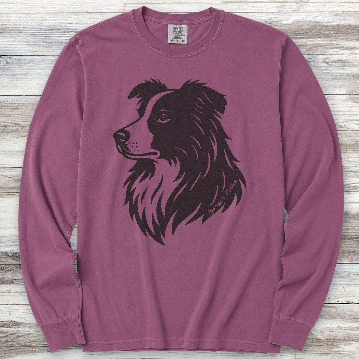 Border Collie Woodcut Portrait Long Sleeve Tee - Berry