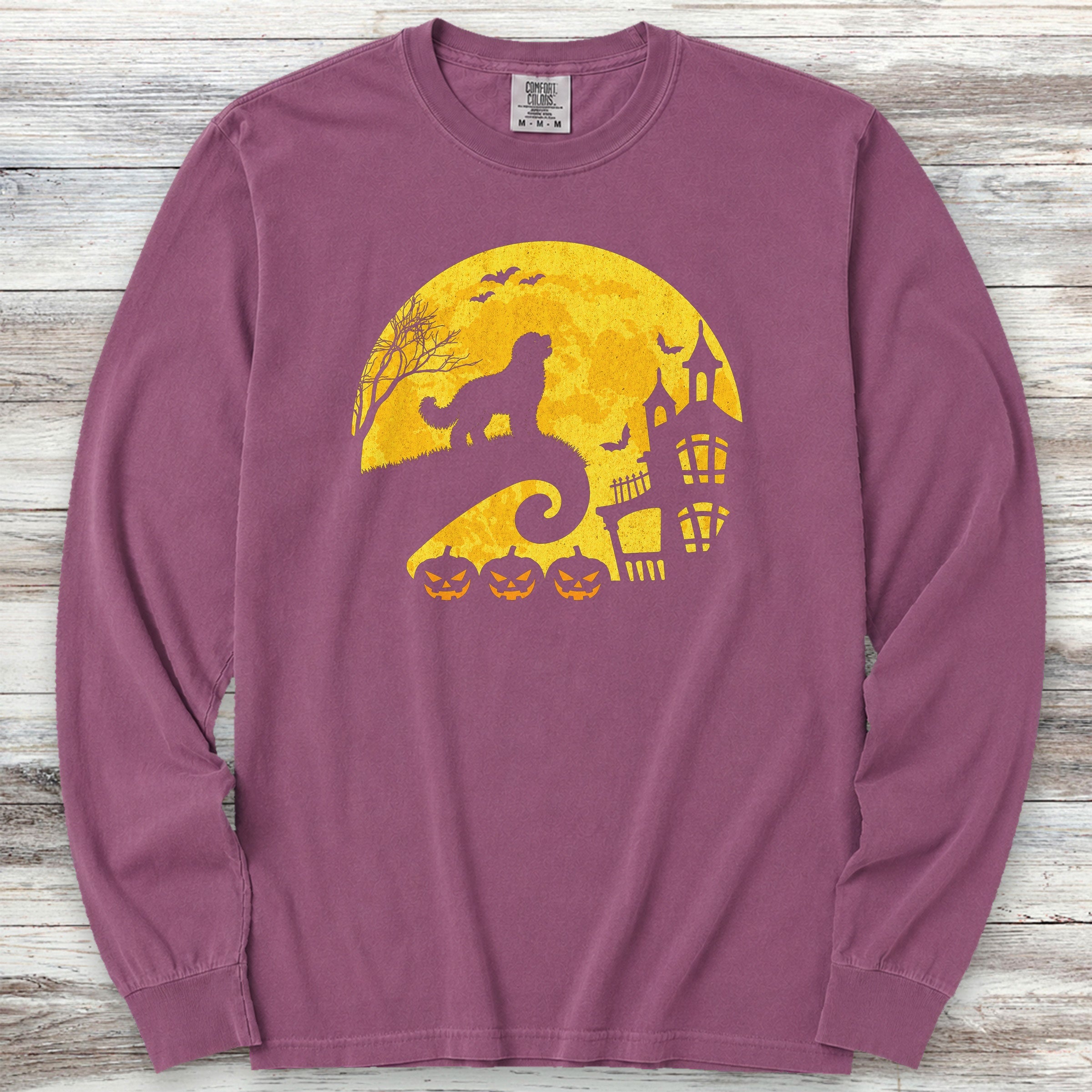 Bernedoodle Halloween Moon Long Sleeve Tee - Berry