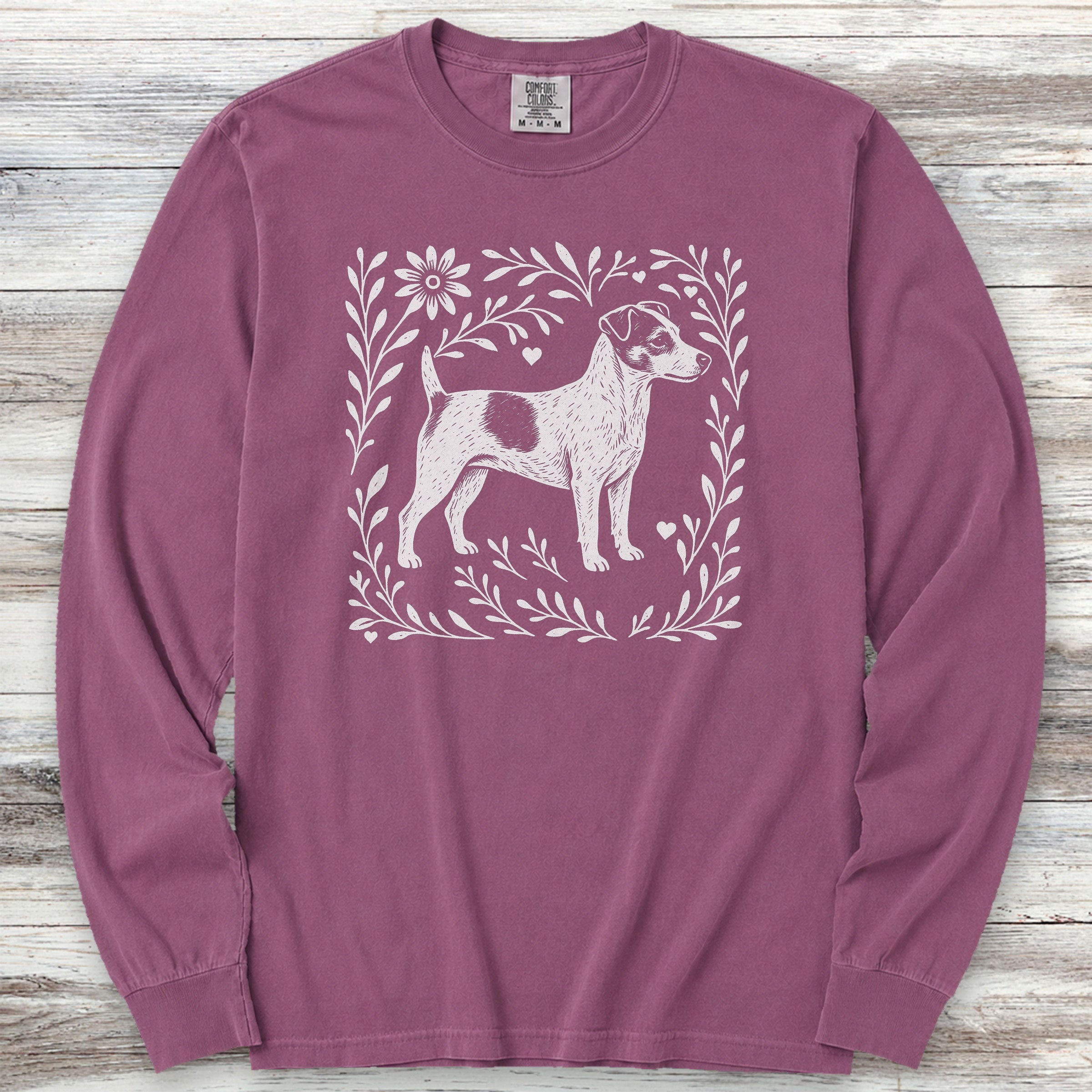 Jack Russell Linocut Long Sleeve Tee - Berry