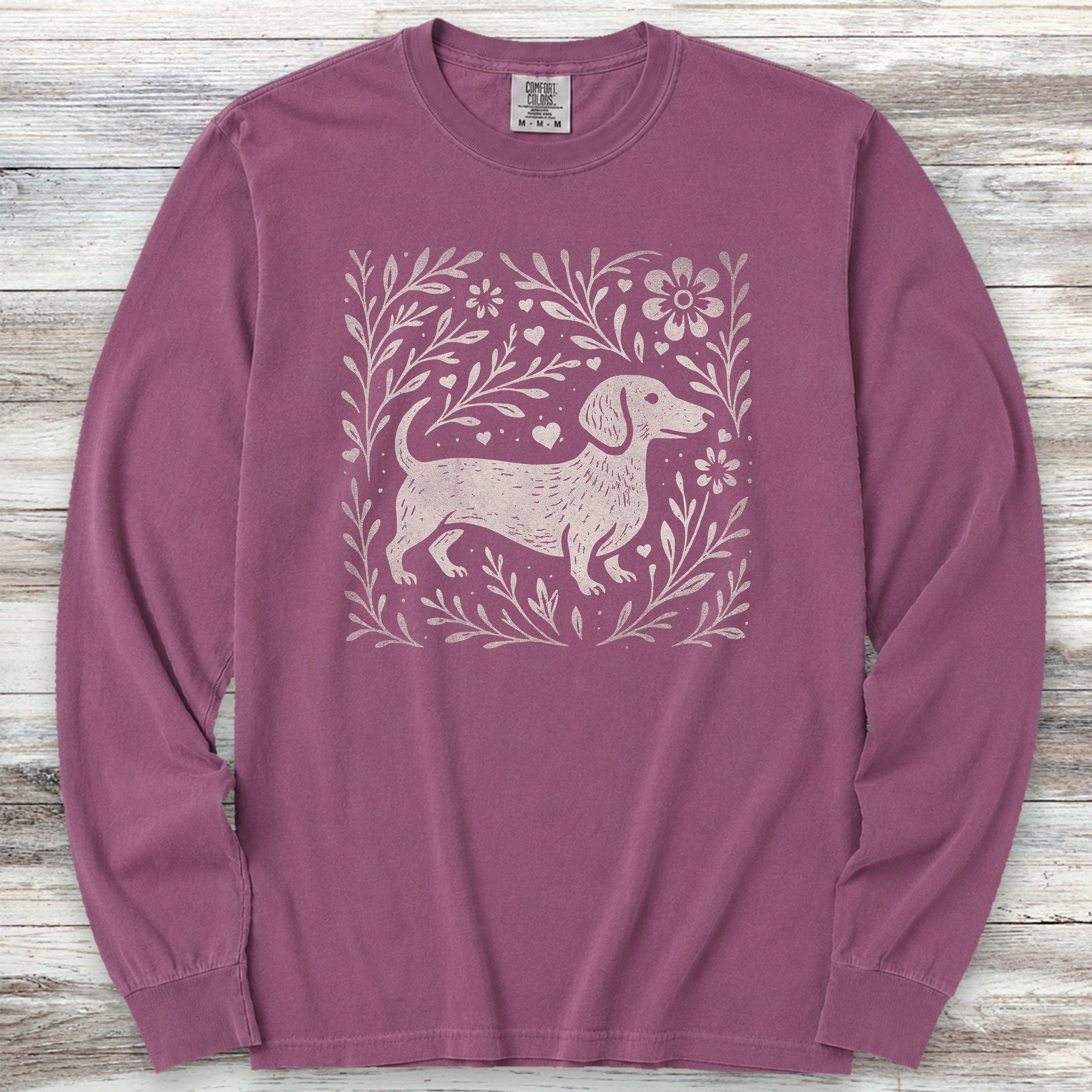 Dachshund Linocut Long Sleeve Tee - Berry