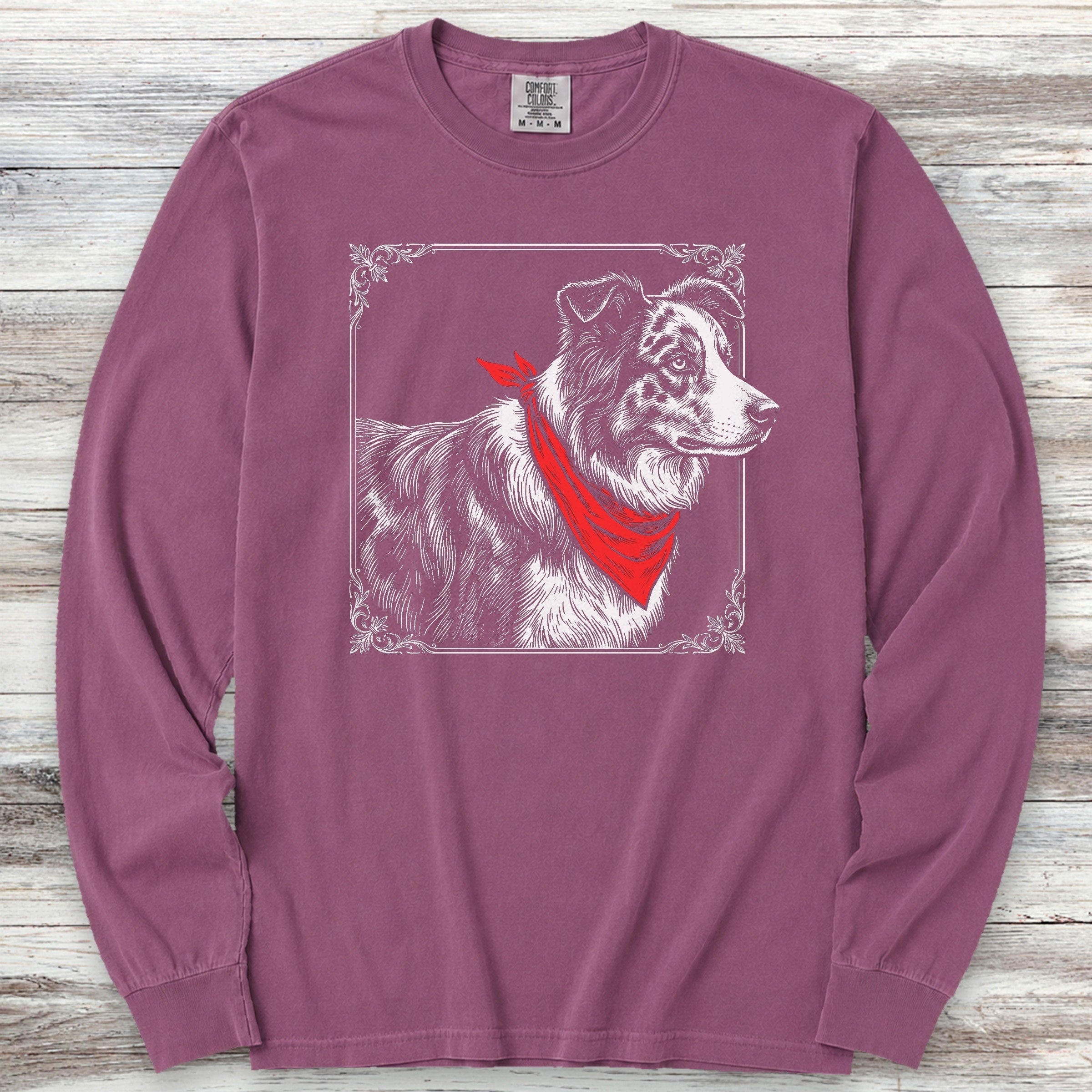 Australian Shepherd Etching Long Sleeve Tee - Berry