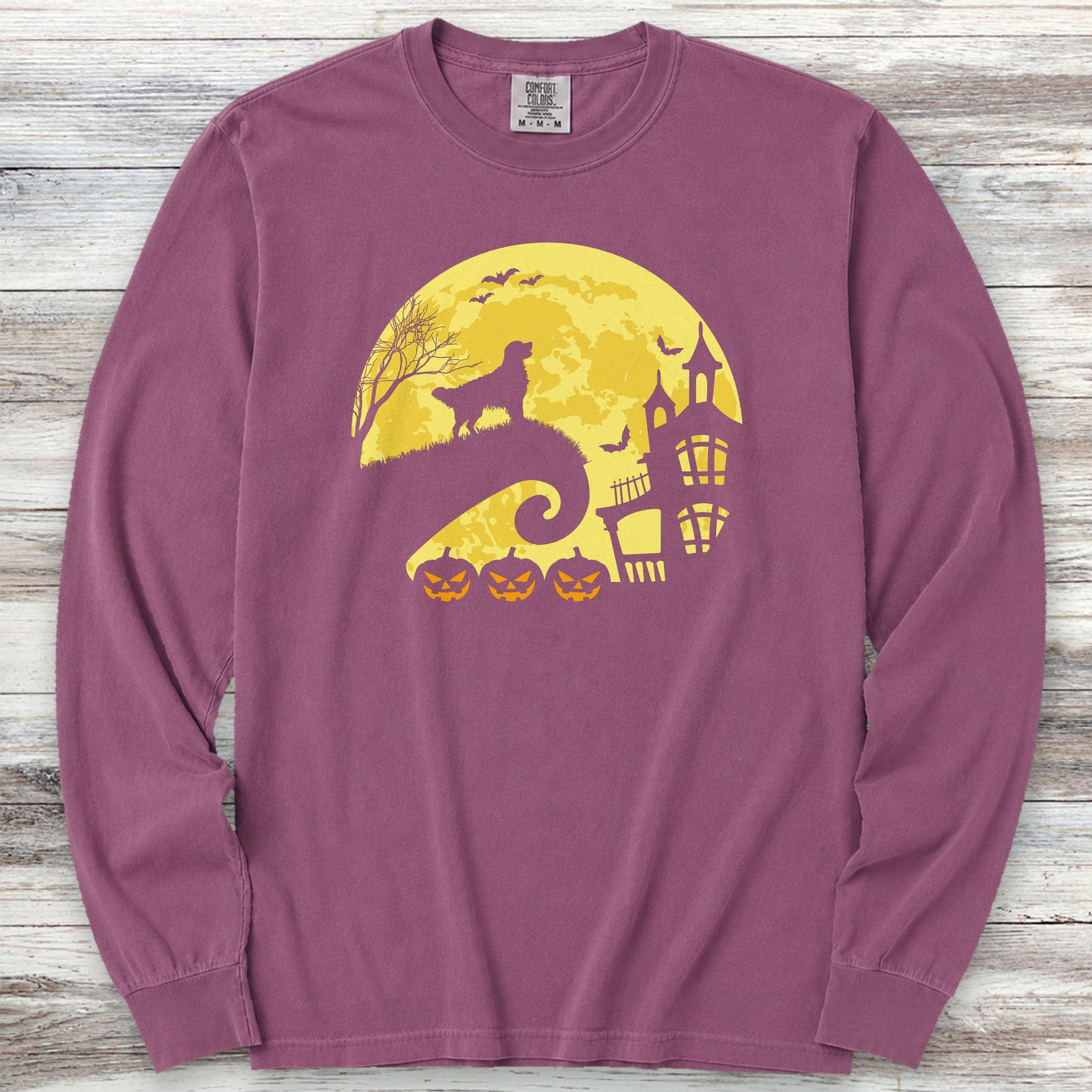Golden Retriever Halloween Moon Long Sleeve Tee - Berry