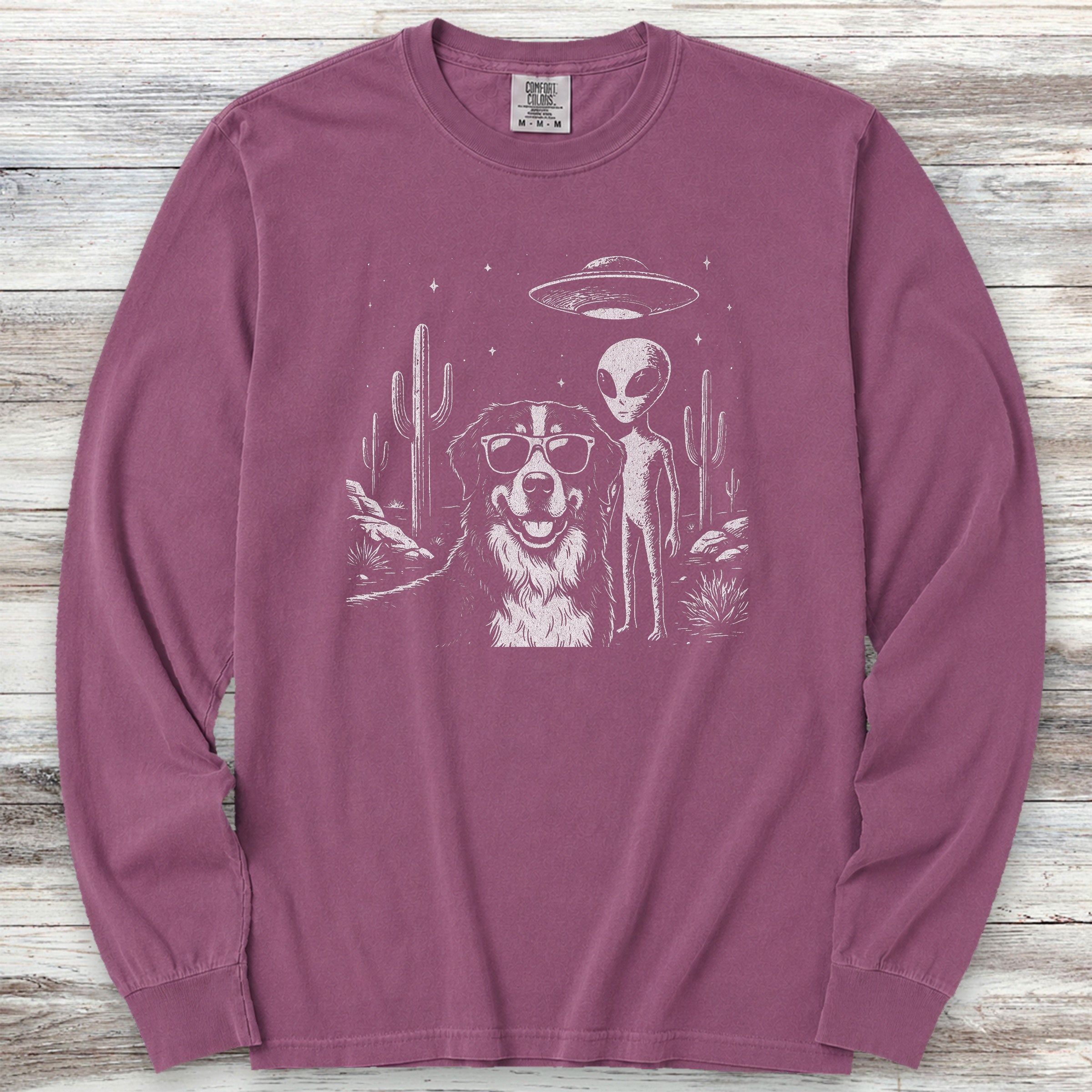 Bernese Mountain Dog Alien Selfie Long Sleeve Tee - Berry