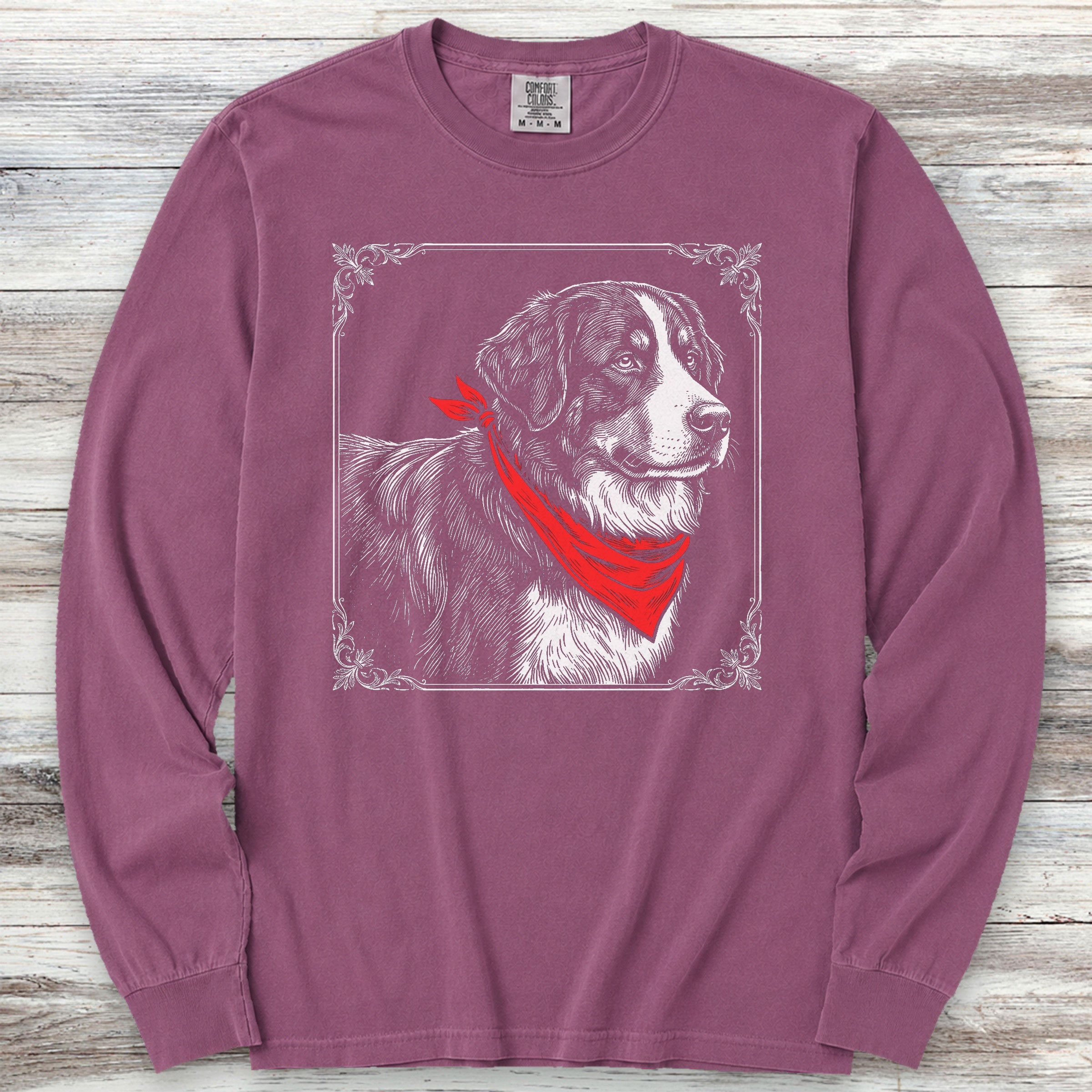 Bernese Mountain Dog Etching Long Sleeve Tee - Berry
