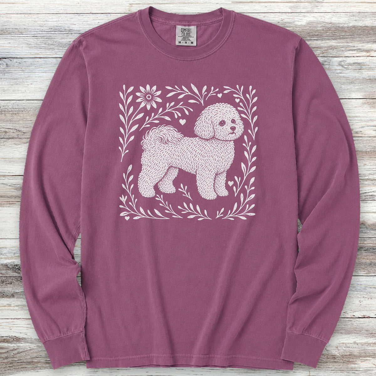 Bichon Frise Linocut Long Sleeve Tee - Berry