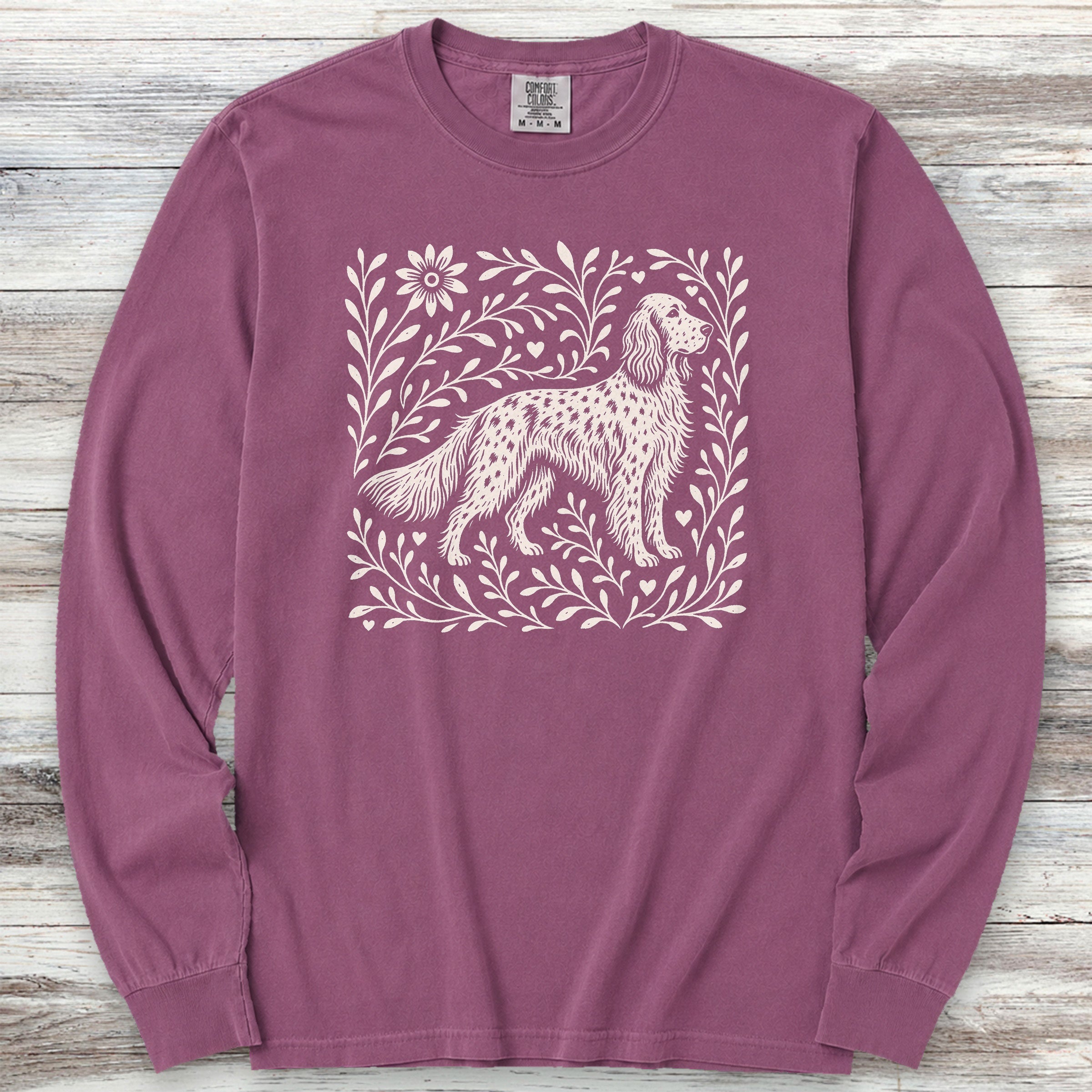 English Setter Linocut Long Sleeve Tee - Berry