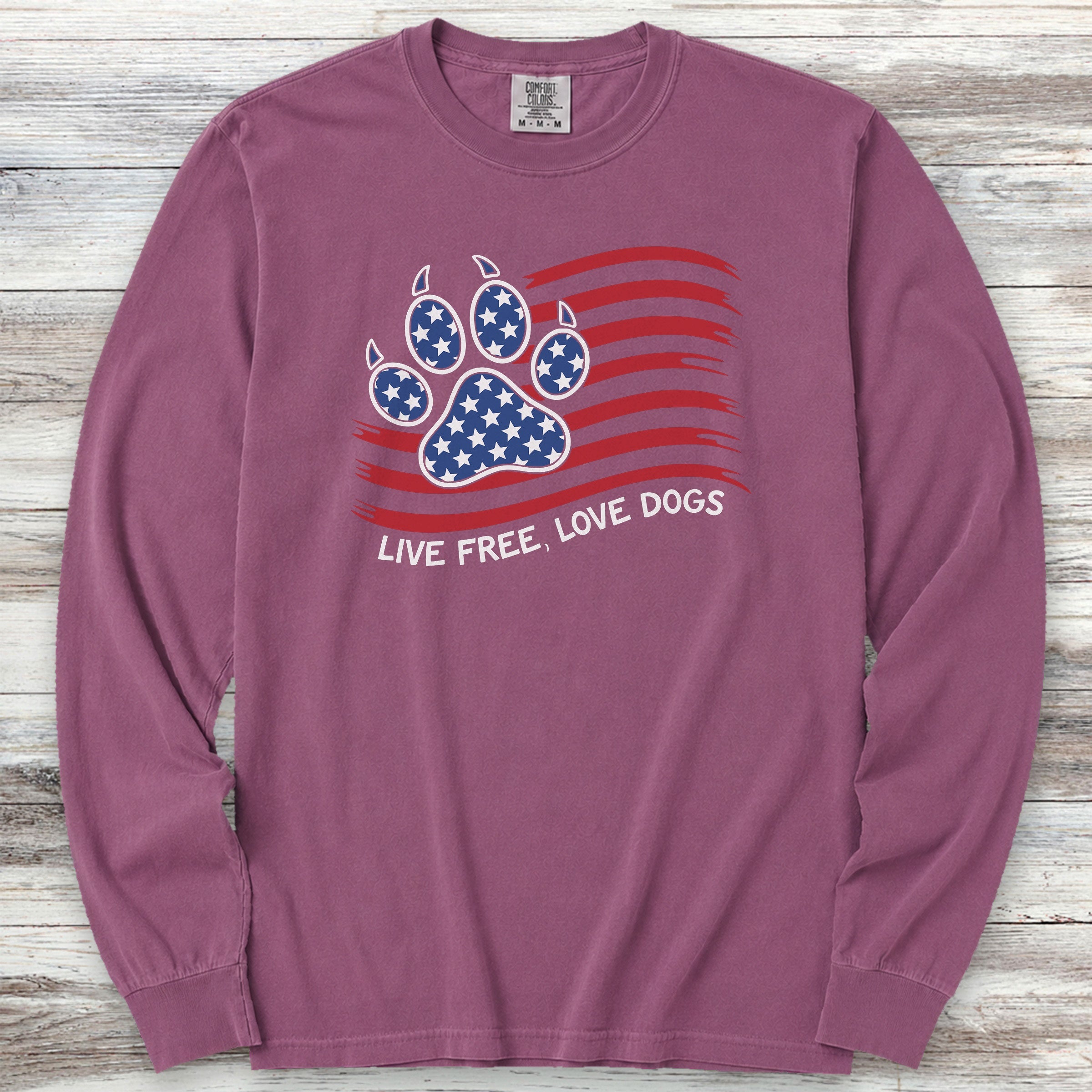 Live Free Love Dogs Flag Long Sleeve Tee - Berry