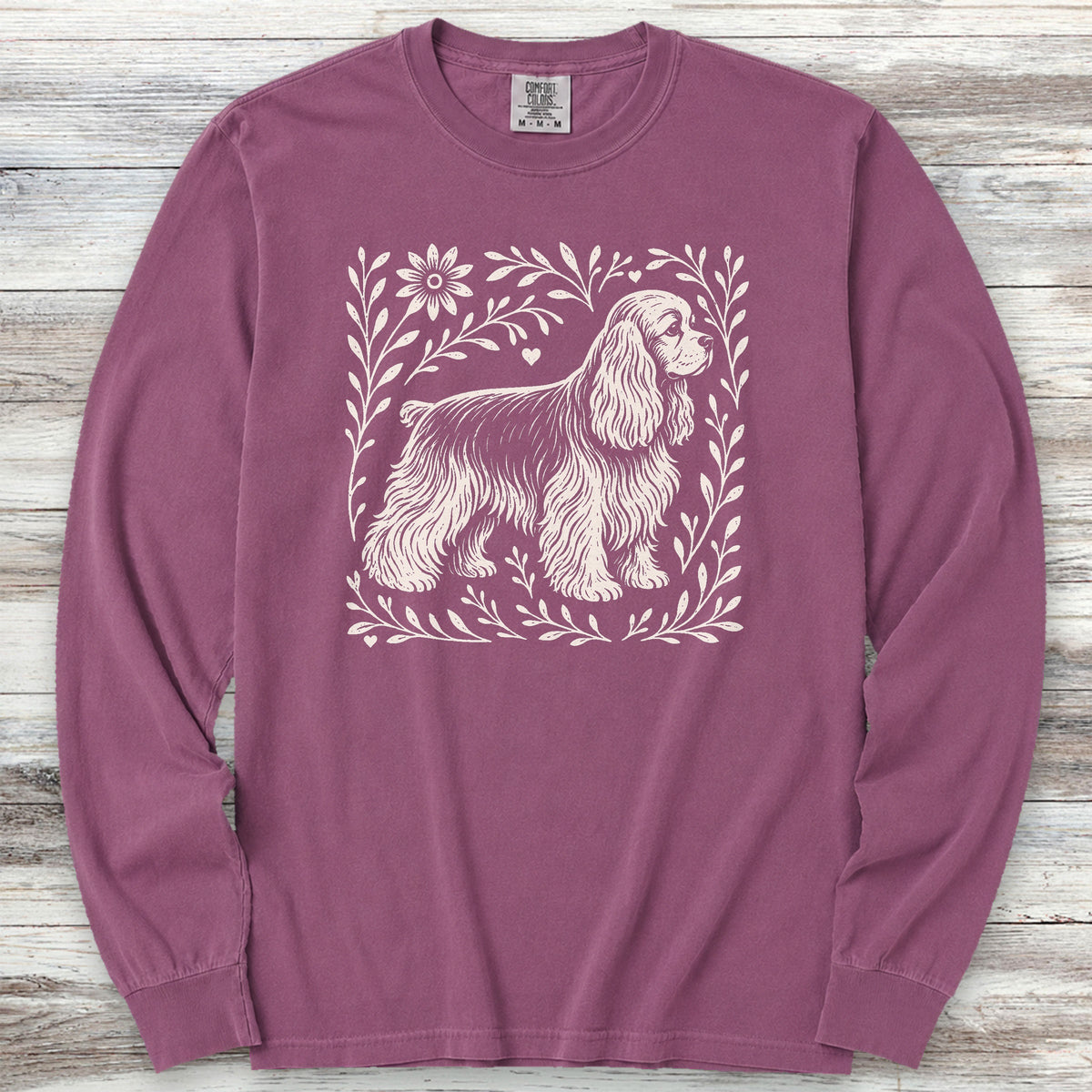 Cocker Spaniel Linocut Long Sleeve Tee - Berry