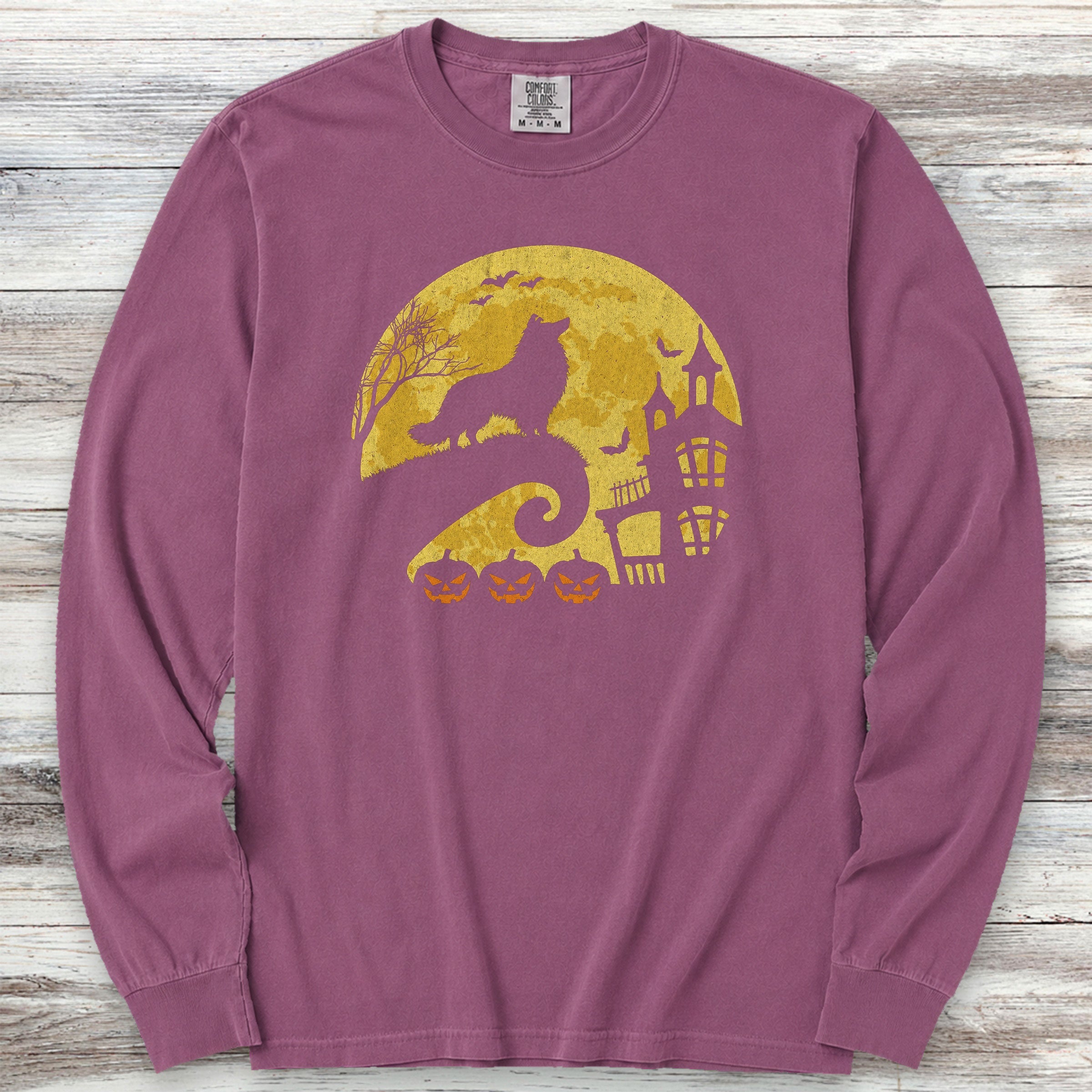 Rough Collie Halloween Moon Long Sleeve Tee - Berry
