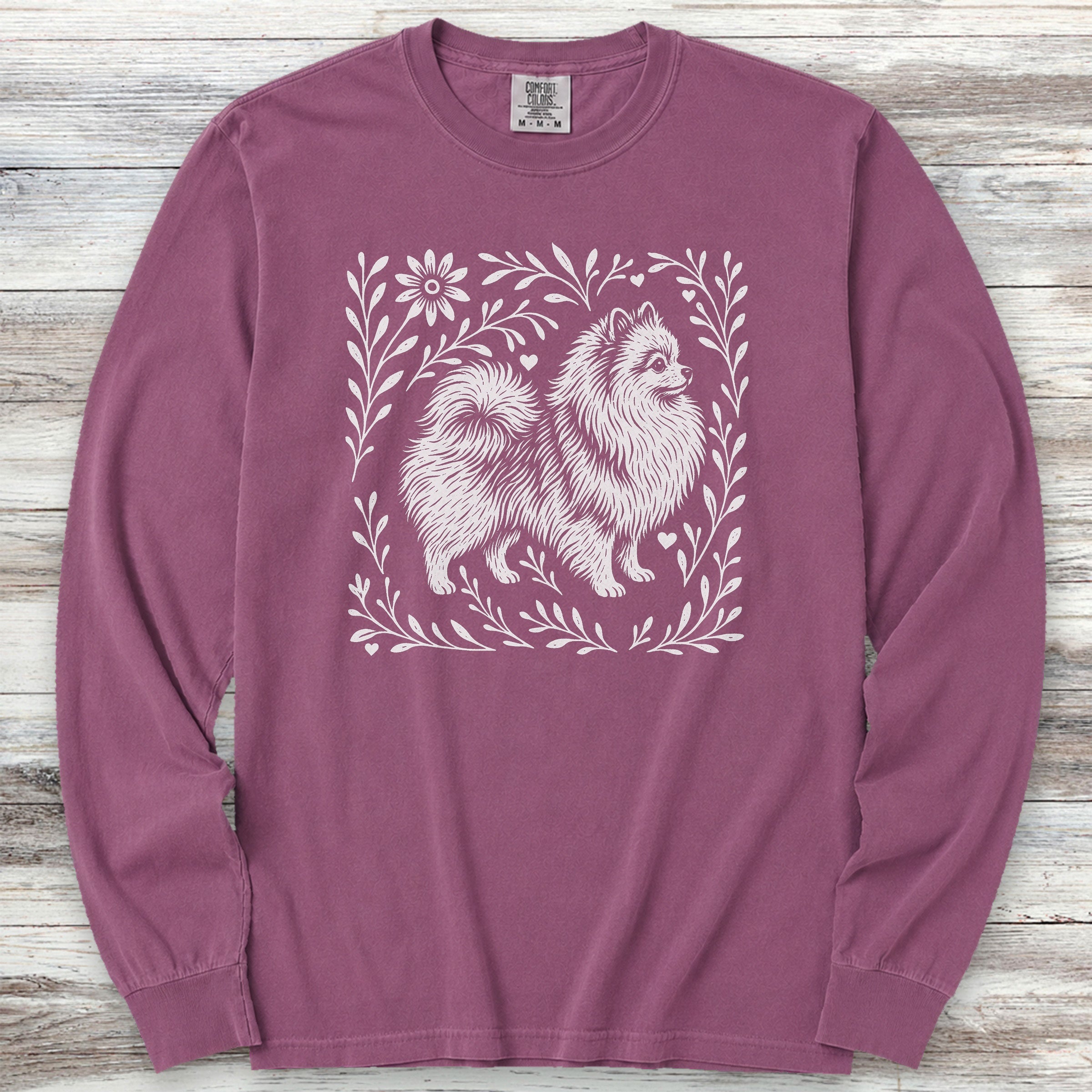 Pomeranian Linocut Long Sleeve Tee - Berry