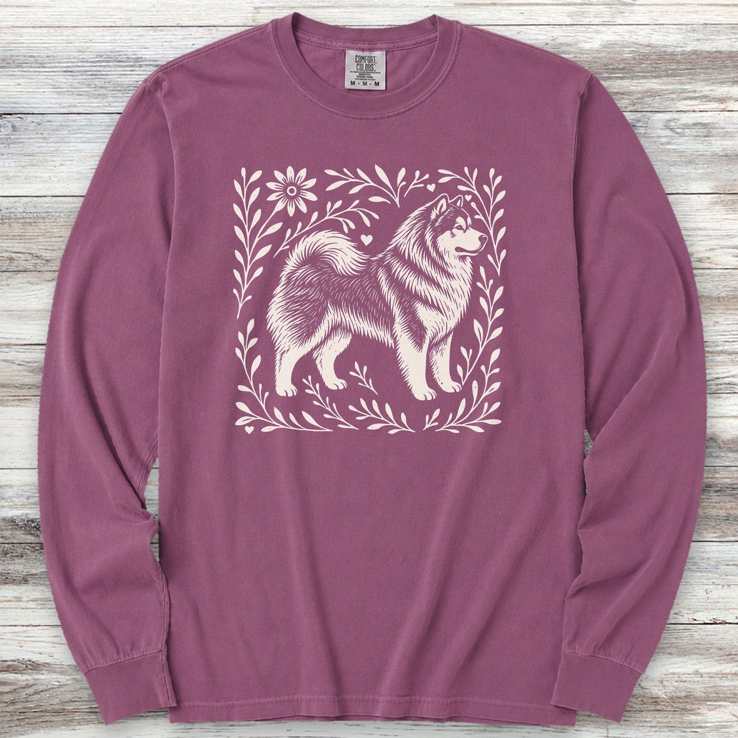 Alaskan Malamute Linocut Long Sleeve Tee - Berry