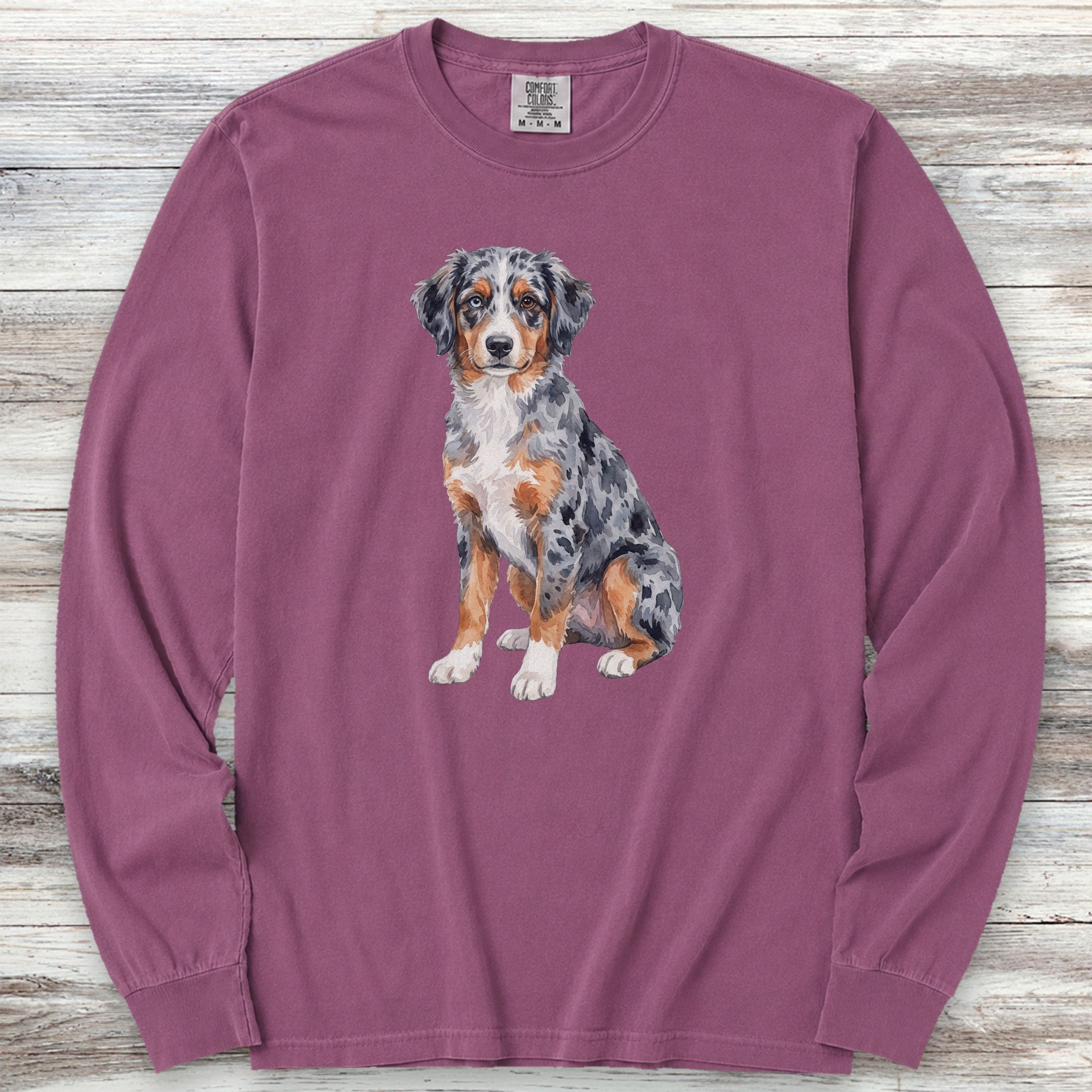Australian Shepherd Puppy Watercolor Long Sleeve Tee - Berry