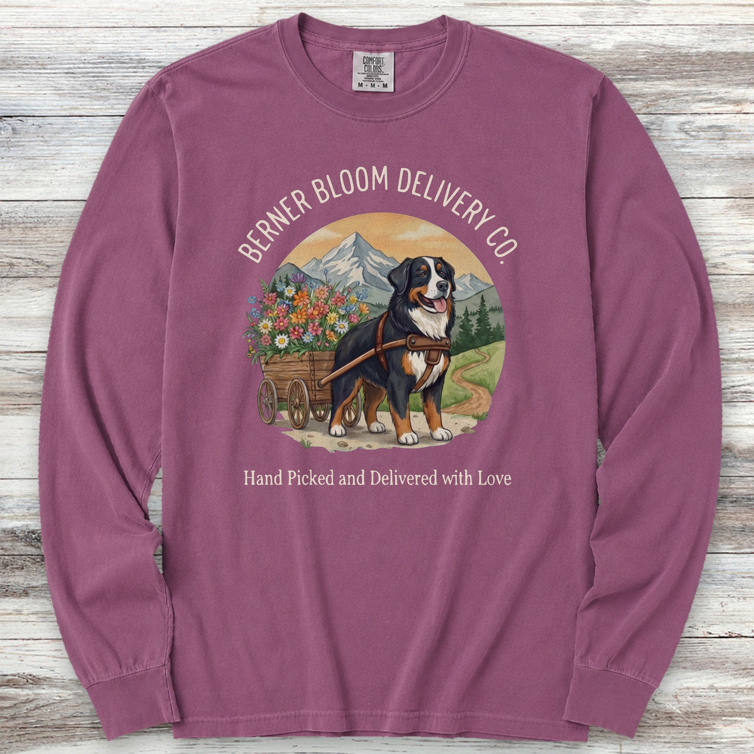 Bernese Mountain Dog Bloom Delivery Long Sleeve Tee - Berry