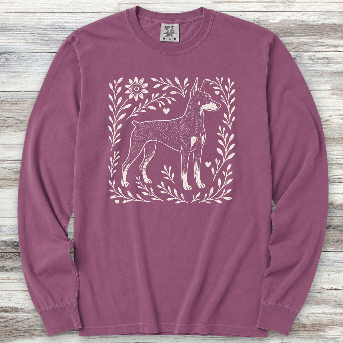 Doberman Linocut Long Sleeve Tee - Berry