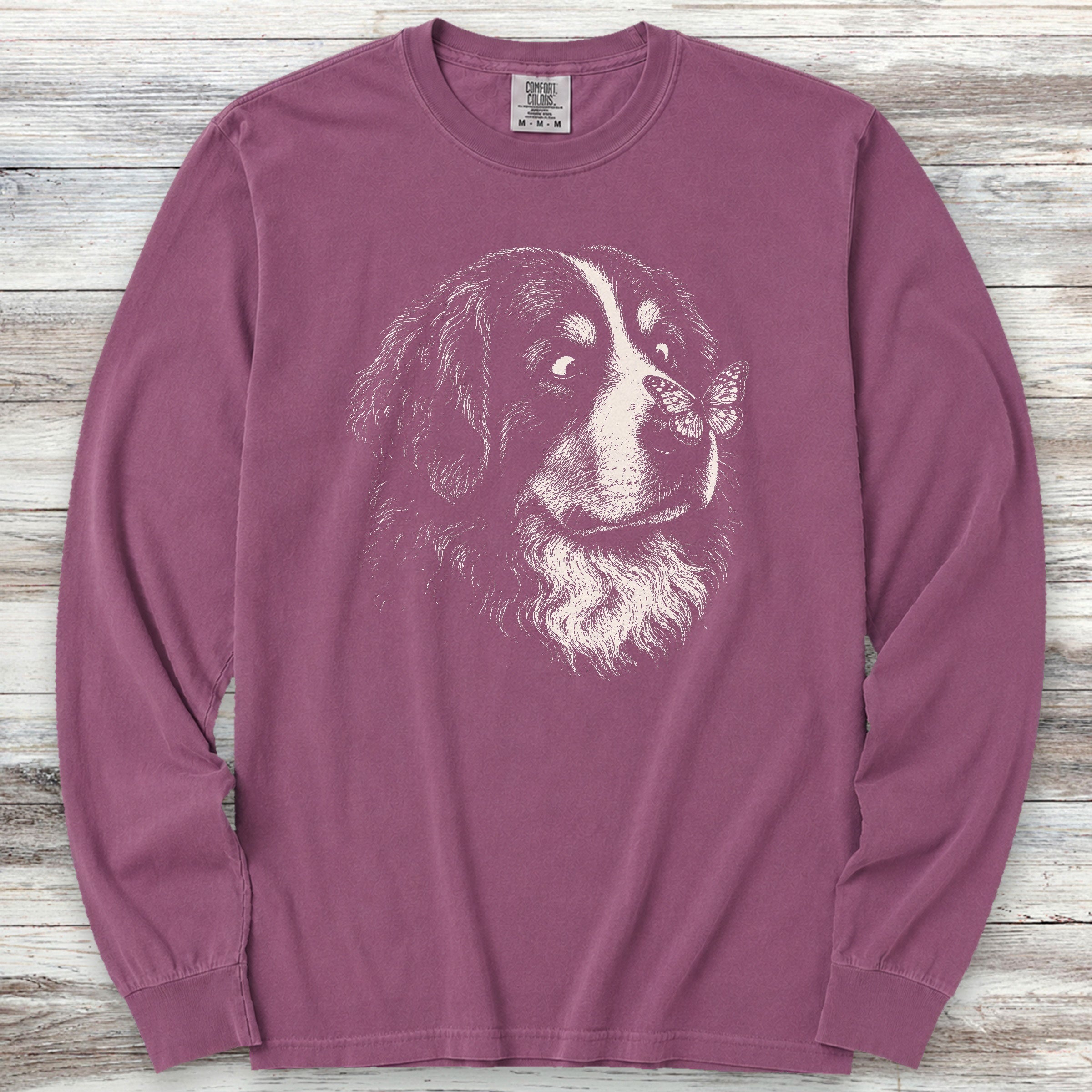 Bernese Mountain Dog Butterfly Long Sleeve Tee - Berry