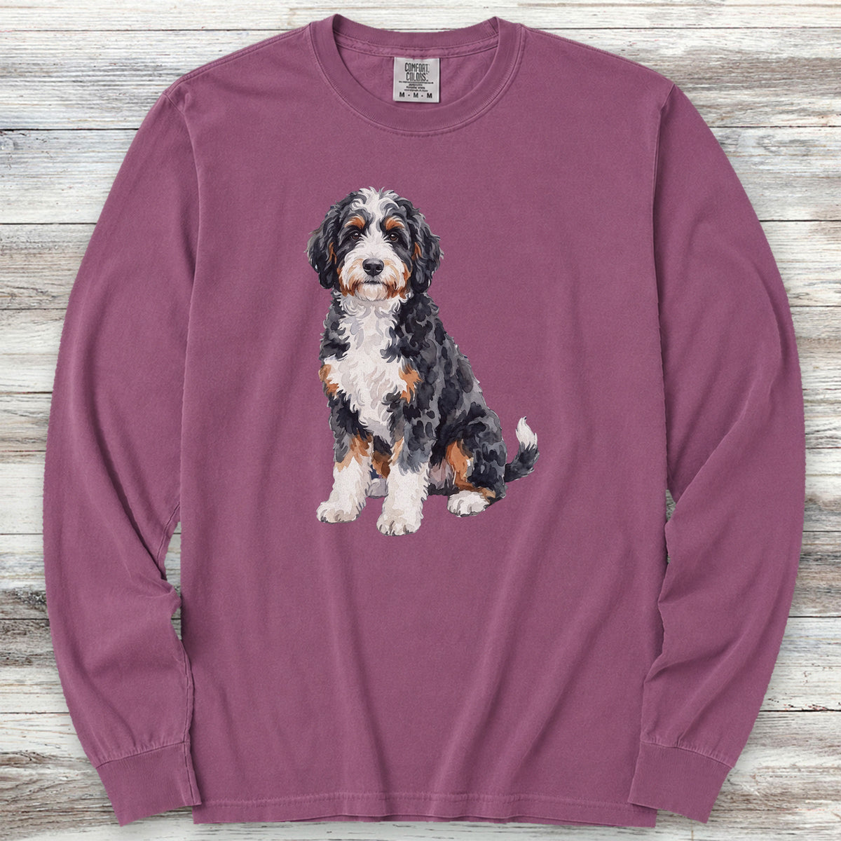 Bernedoodle Watercolor Long Sleeve Tee - Berry