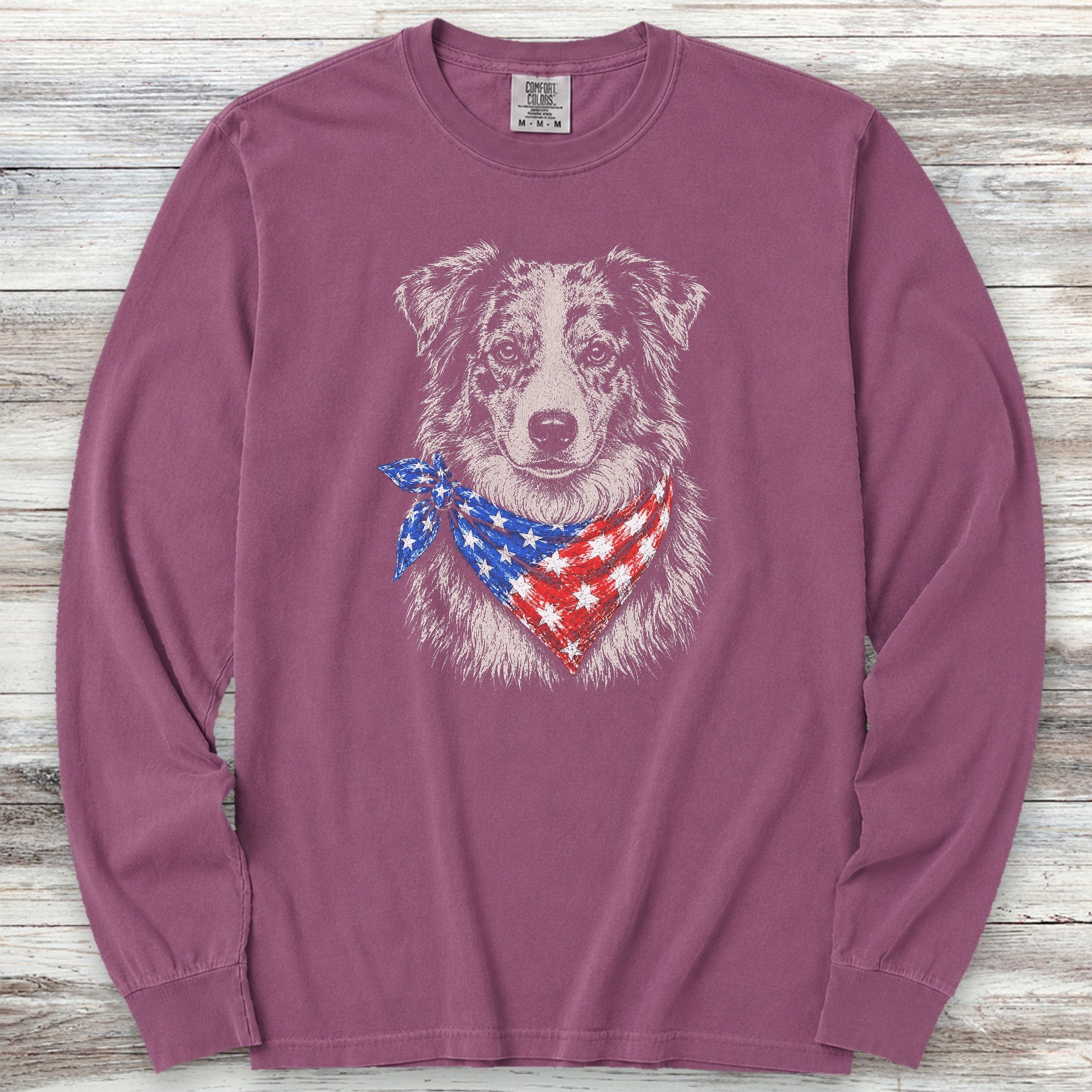 Australian Shepherd Merle Patriot Long Sleeve Tee - Berry