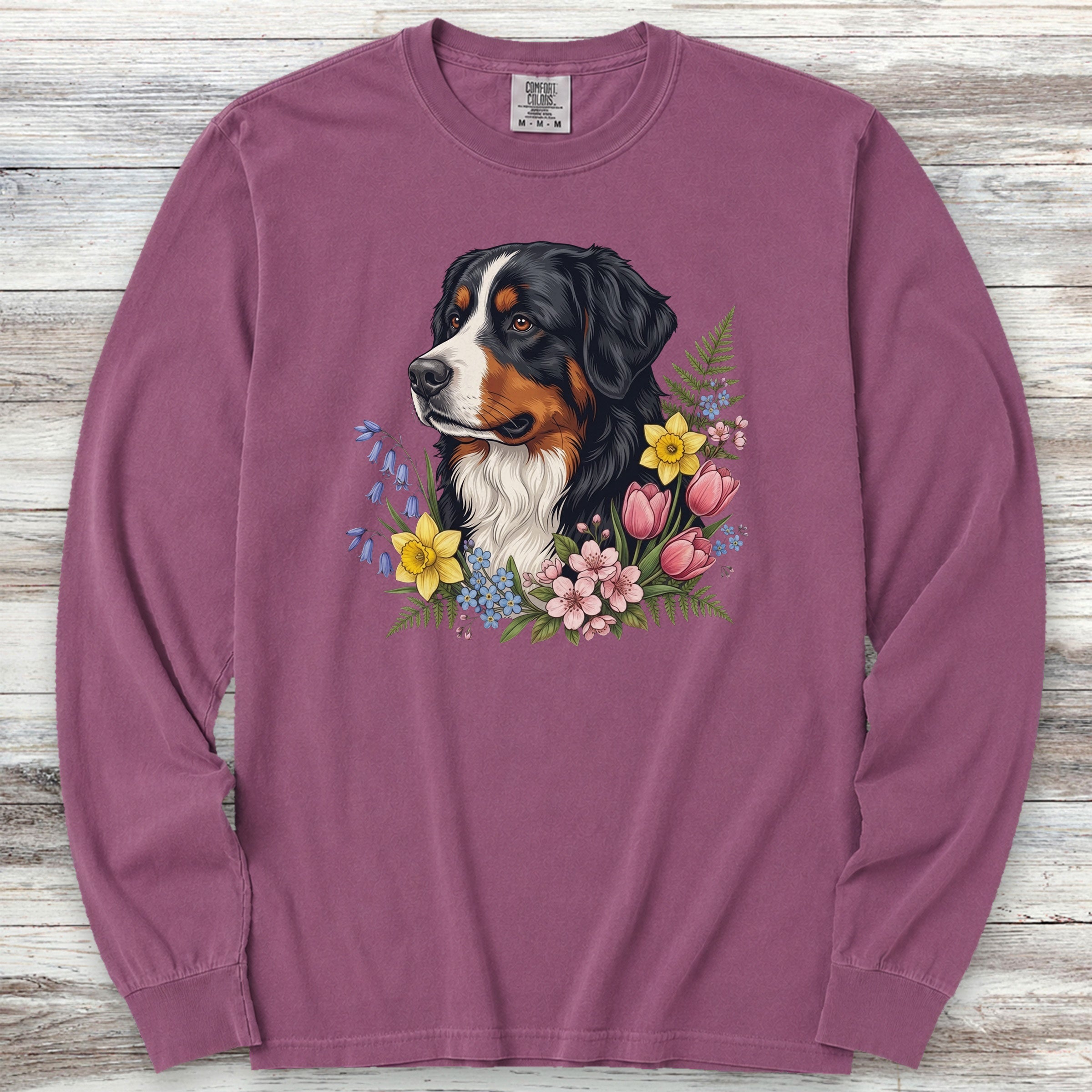 Bernese Mountain Dog Spring Portrait Long Sleeve Tee - Berry