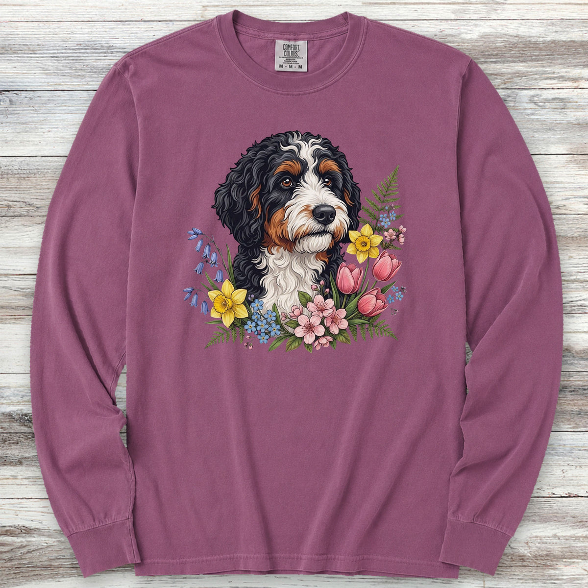 Bernedoodle Spring Portrait Long Sleeve Tee - Berry