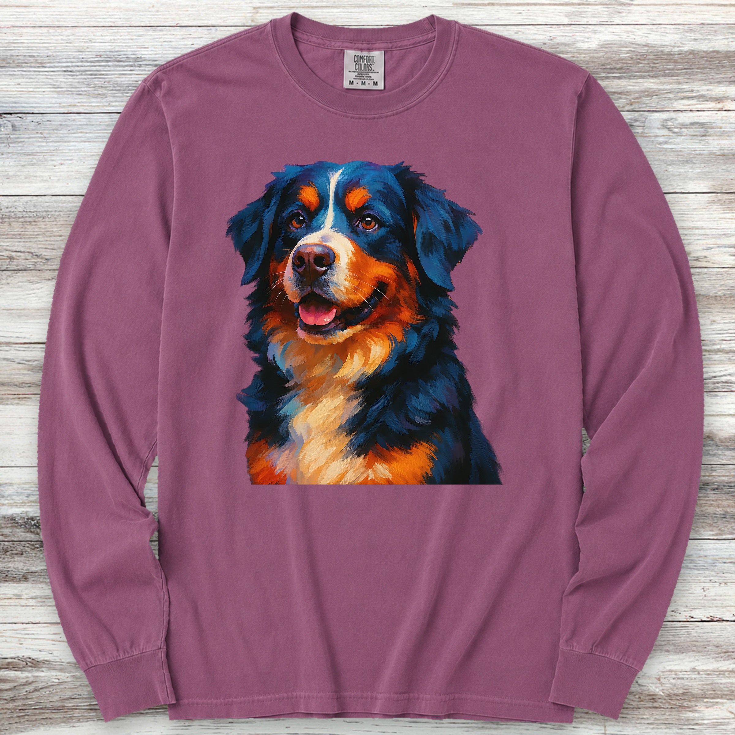 Bernese Mountain Dog Oil Painting Long Sleeve Tee - Berry