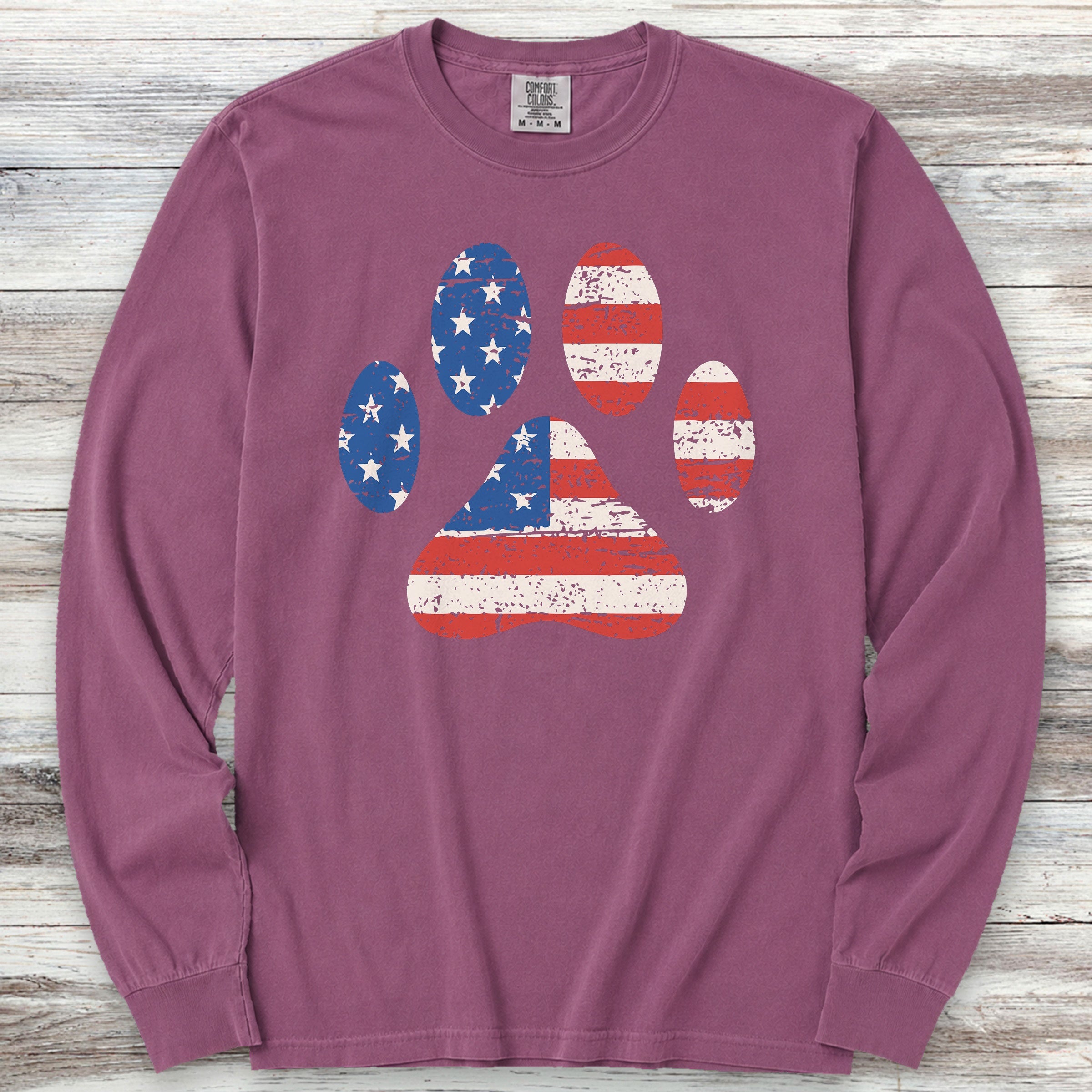 Stars & Stripes Paw Print Long Sleeve Tee - Berry