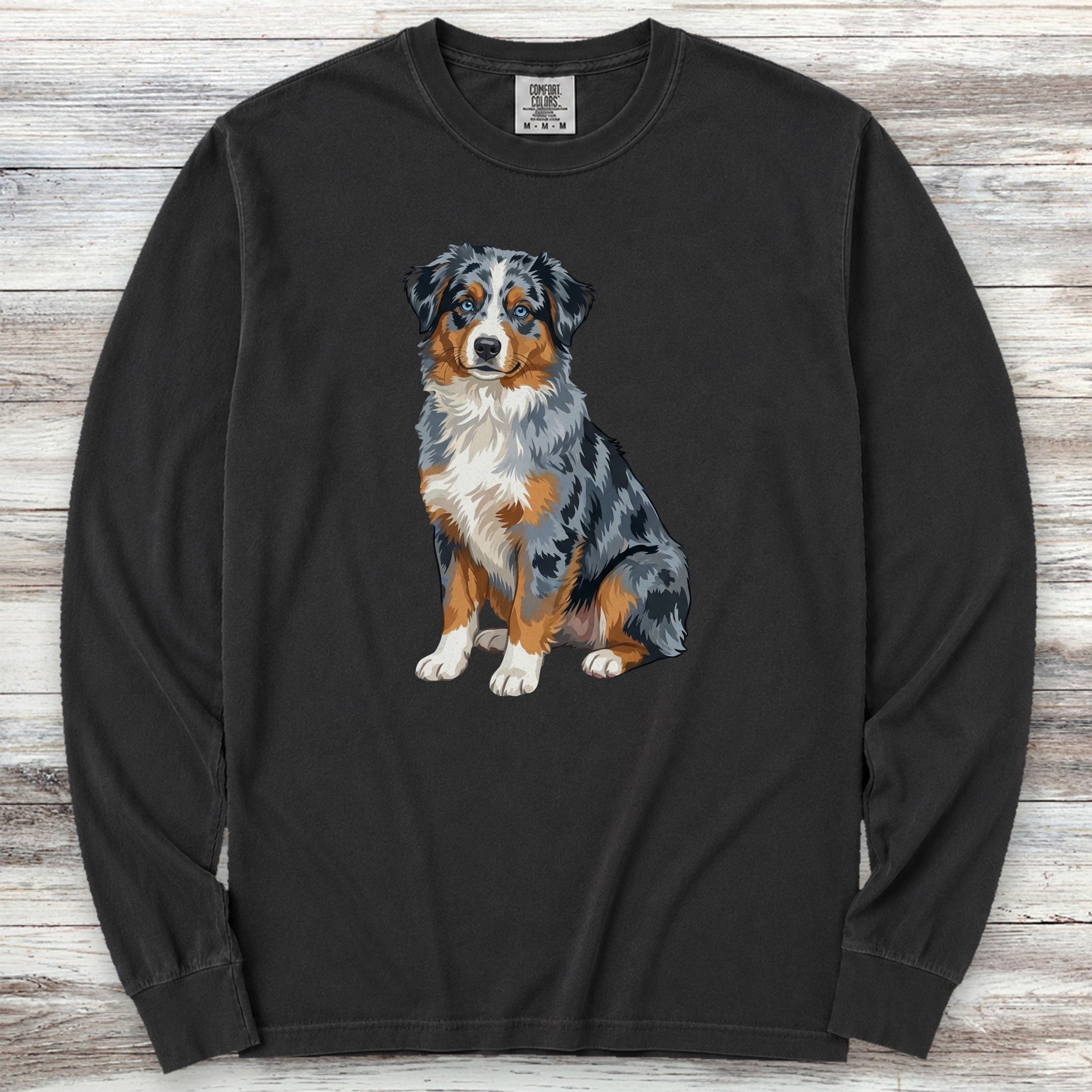 Australian Shepherd Merle Blue Eyes Watercolor Long Sleeve Tee - Black