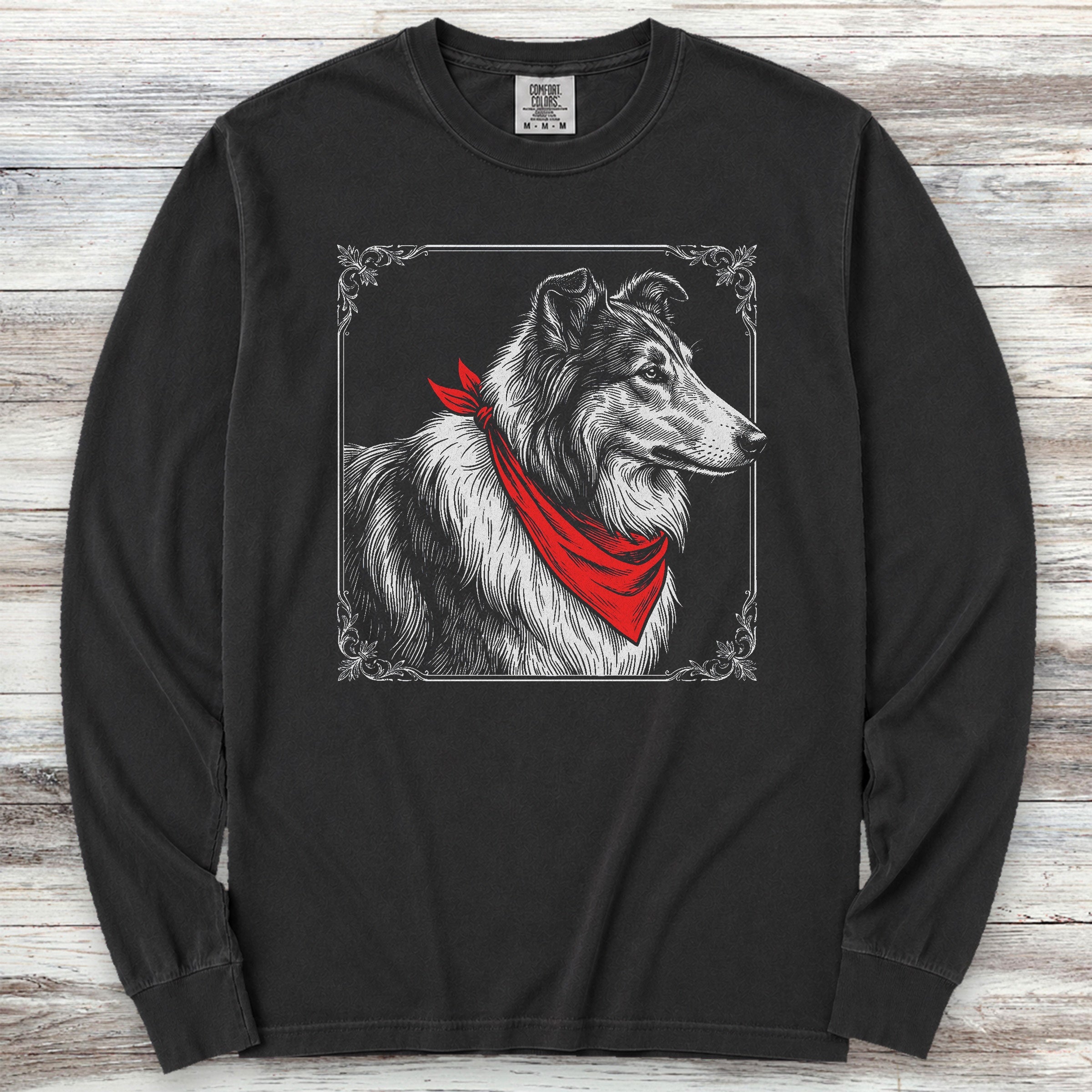 Rough Collie Etching Long Sleeve Tee - Black