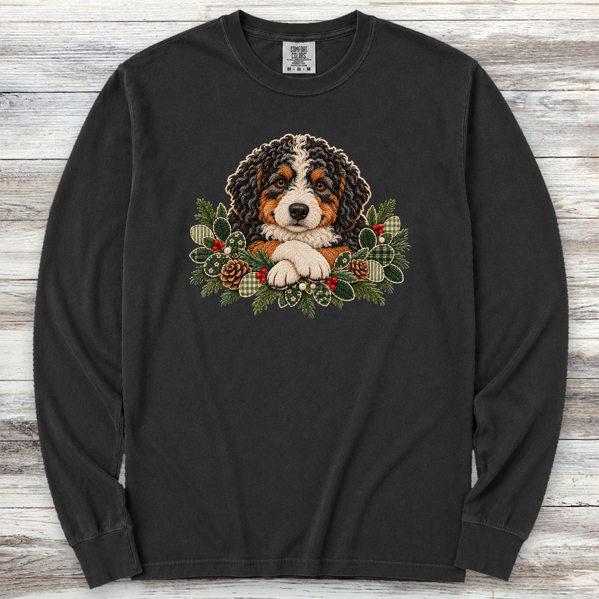 Bernedoodle Winter Greenery Faux Embroidery Long Sleeve Tee - Black