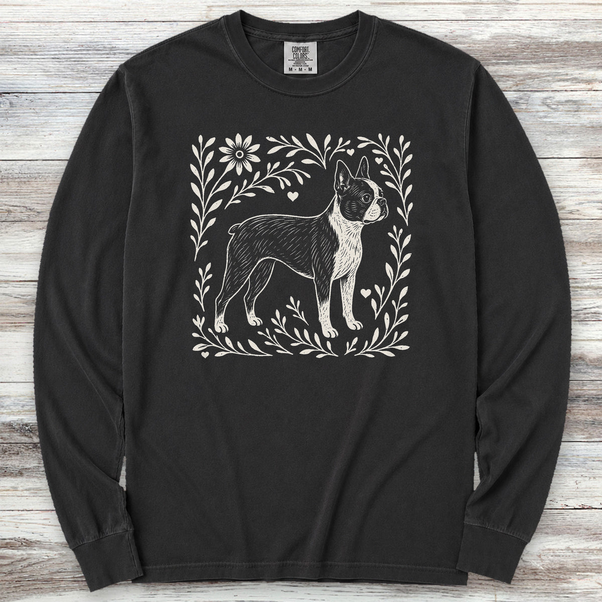 Boston Terrier Linocut Long Sleeve Tee - Black
