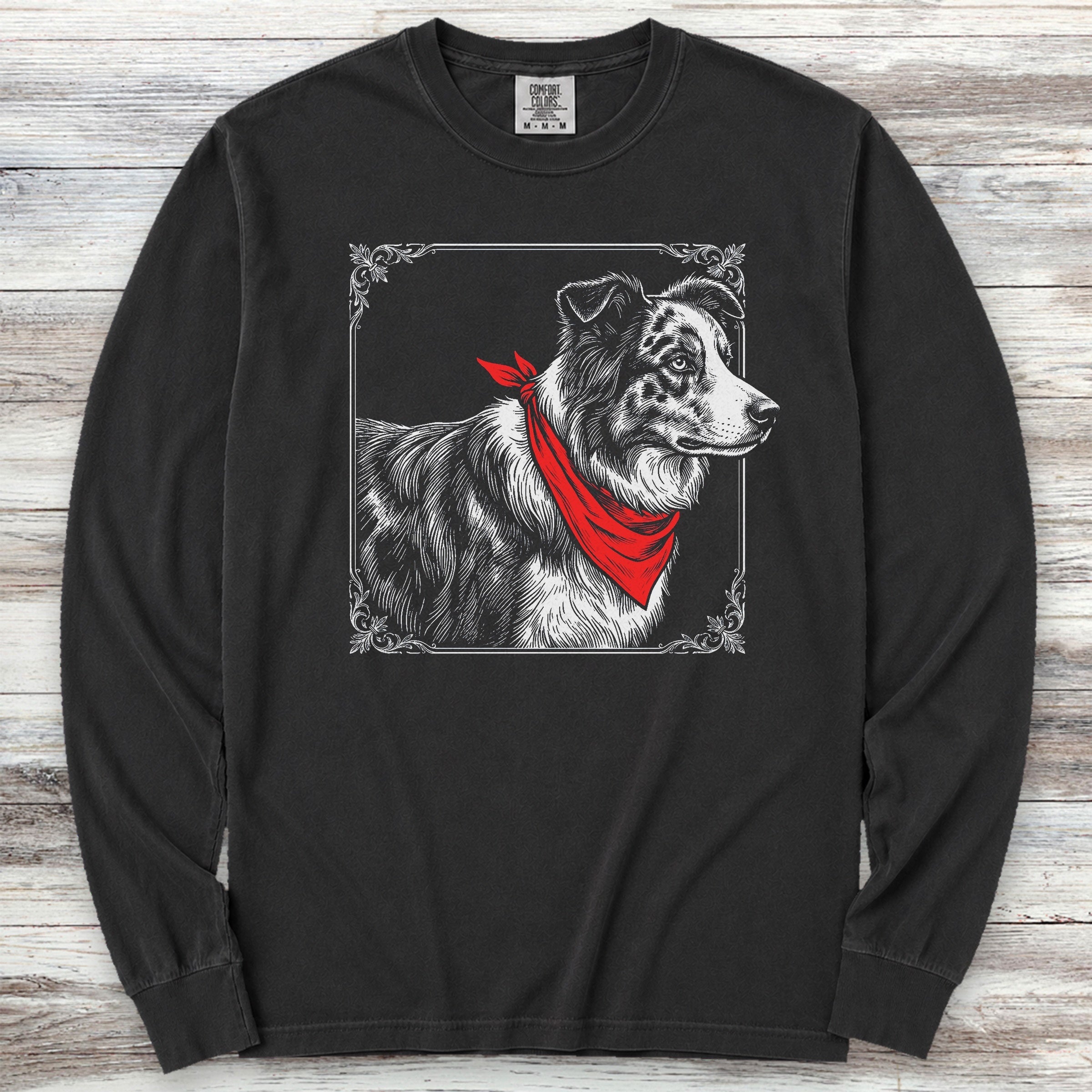 Australian Shepherd Etching Long Sleeve Tee - Black