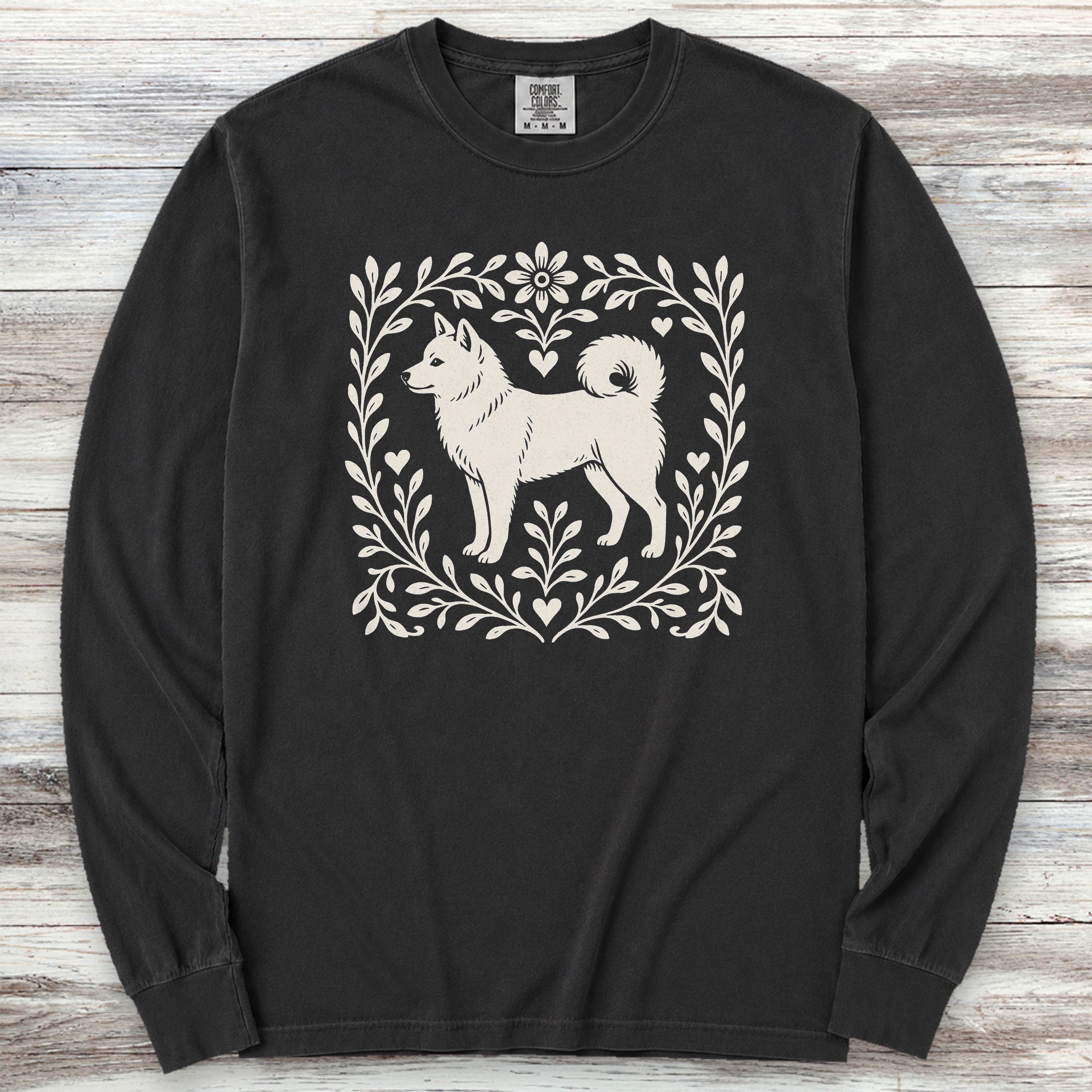 Shiba Inu Linocut Long Sleeve Tee - Black