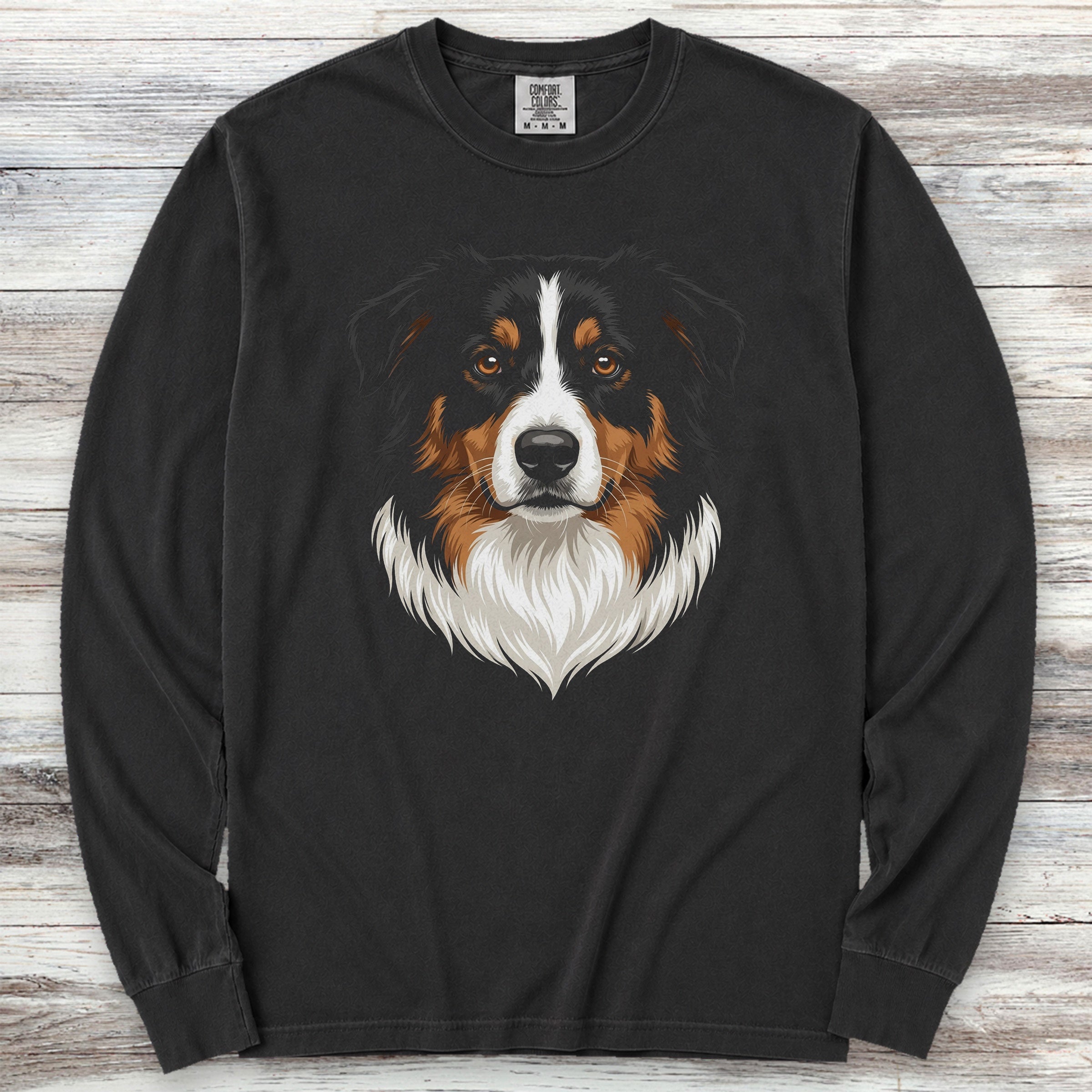Australian Shepherd Black Tri Studio Portrait Long Sleeve Tee - Black