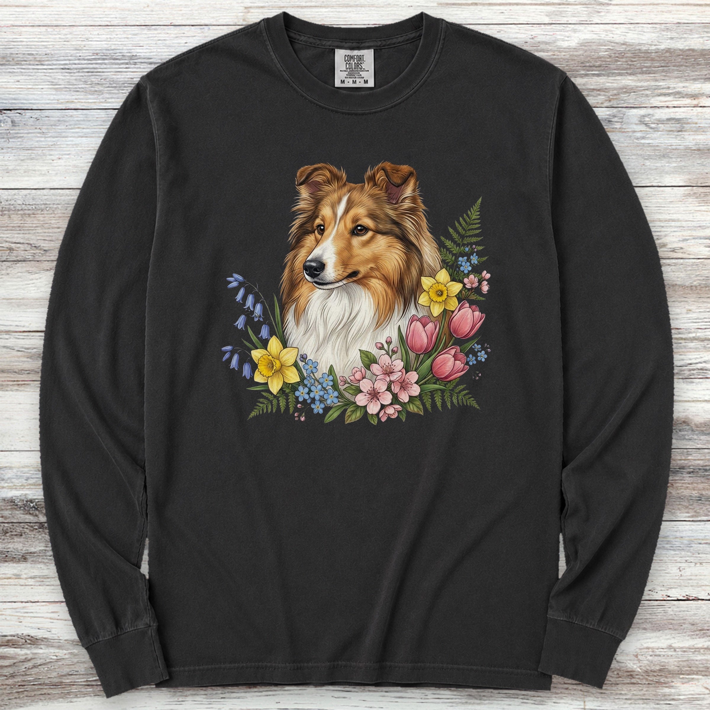 Shetland Sheepdog Spring Portrait Long Sleeve Tee - Black