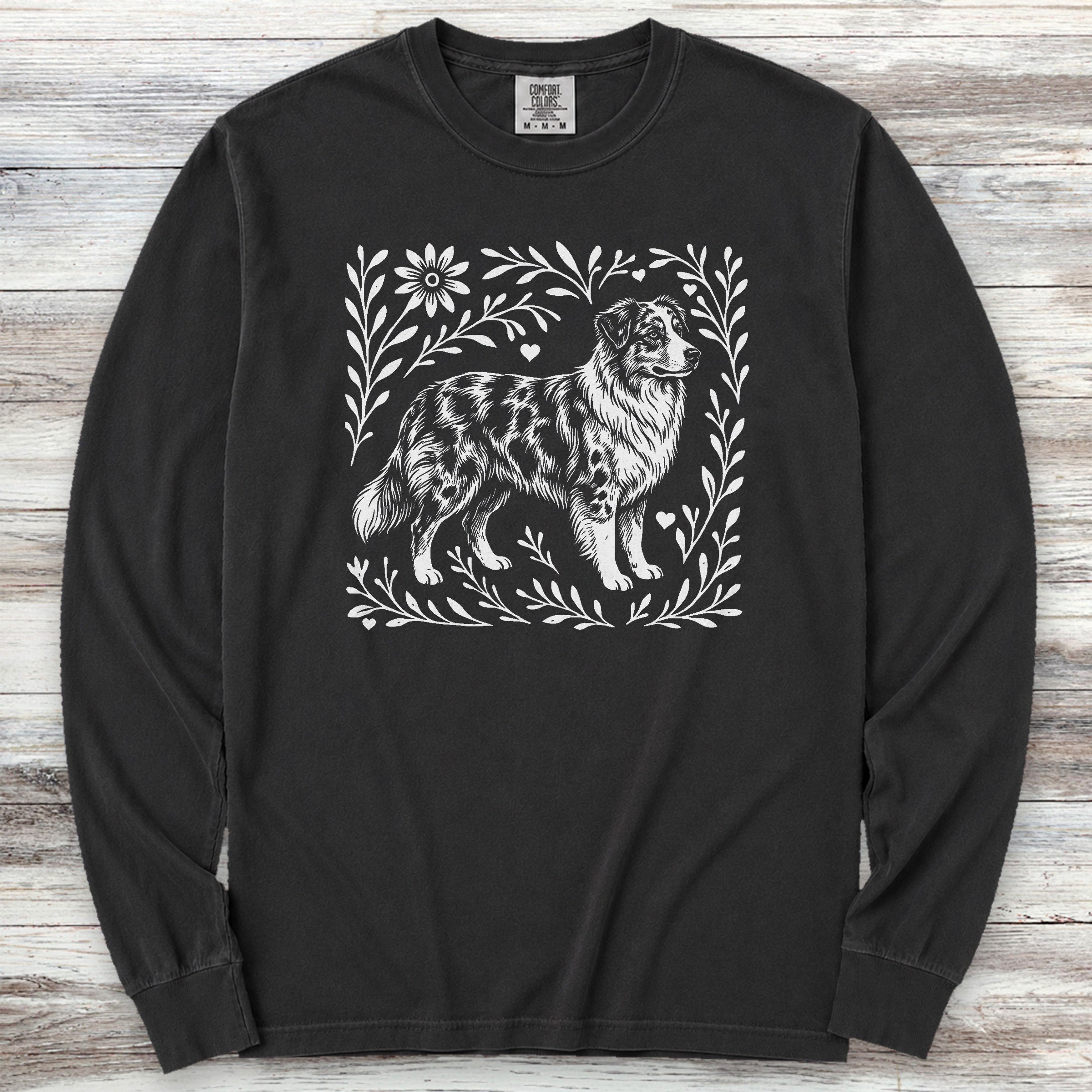 Australian Shepherd Merle Linocut Long Sleeve Tee - Black