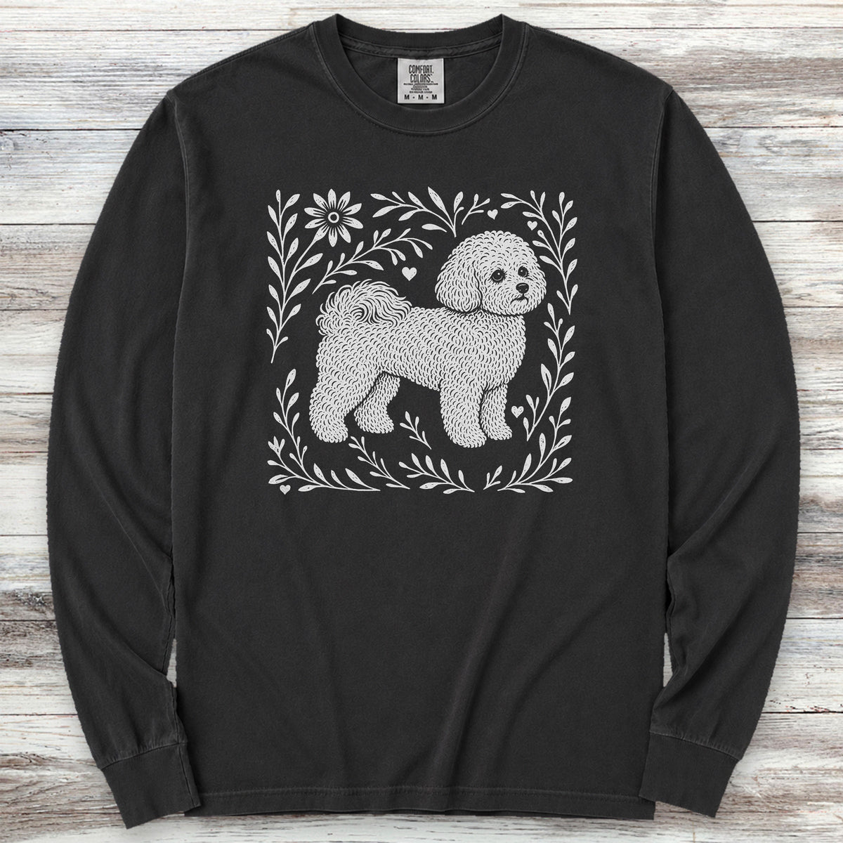 Bichon Frise Linocut Long Sleeve Tee - Black