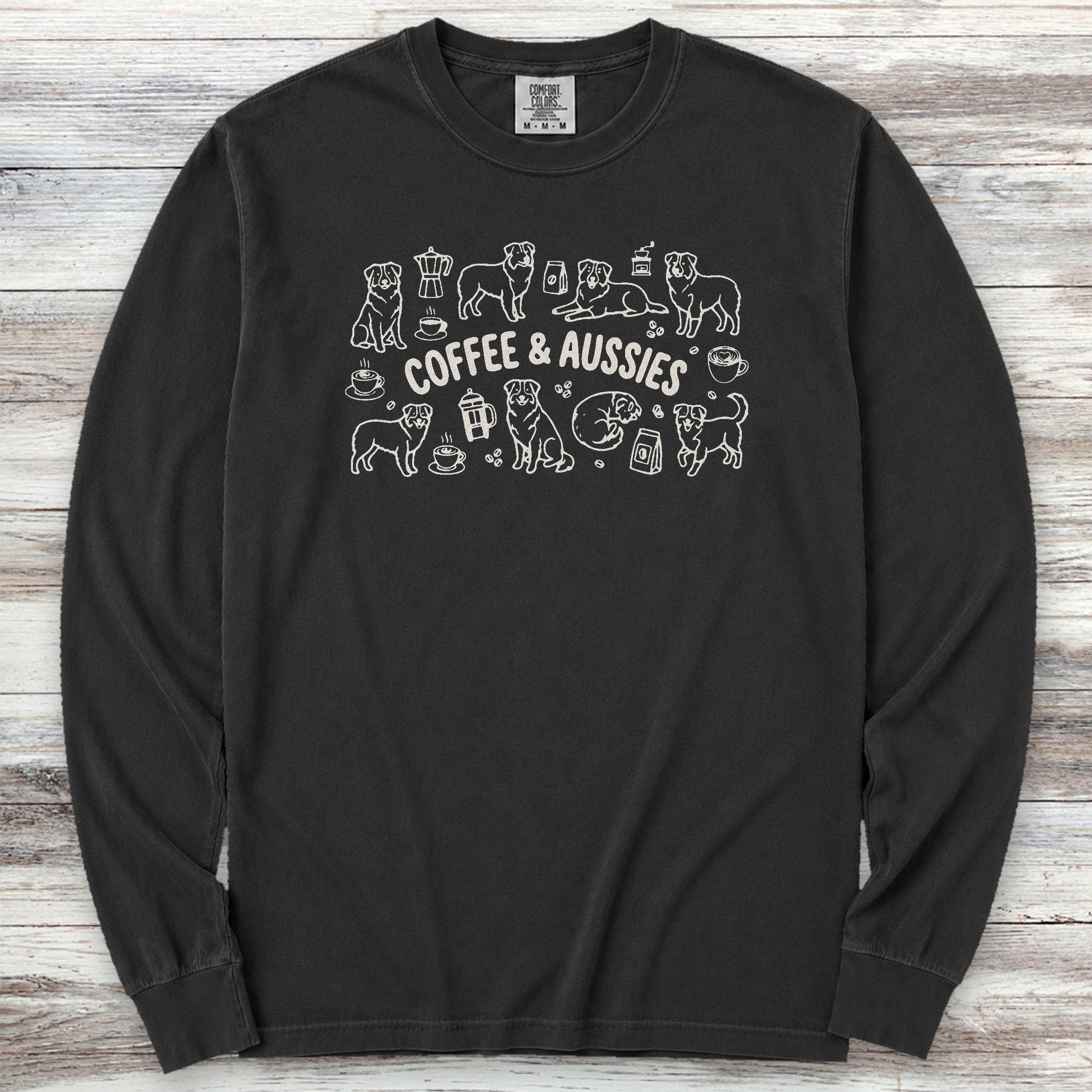 Australian Shepherd Coffee Doodles Long Sleeve Tee - Black