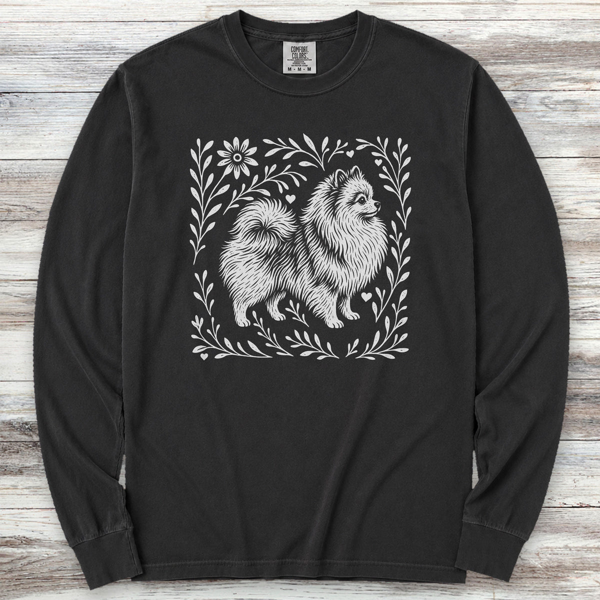 Pomeranian Linocut Long Sleeve Tee - Black