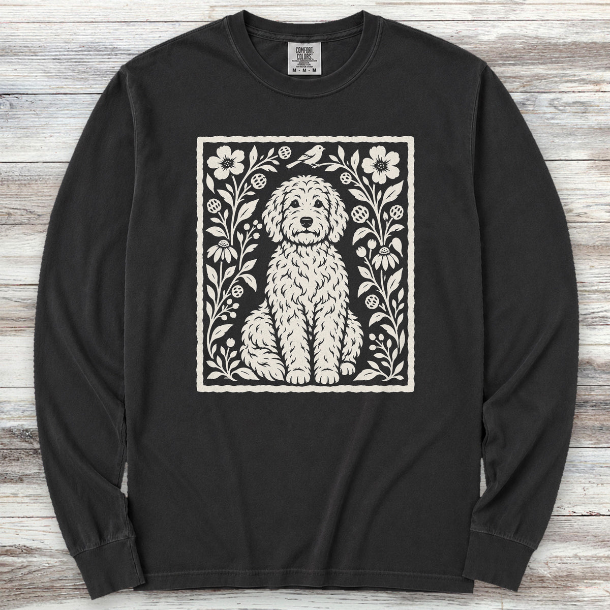 Doodle Folk Art Floral Long Sleeve Tee - Black