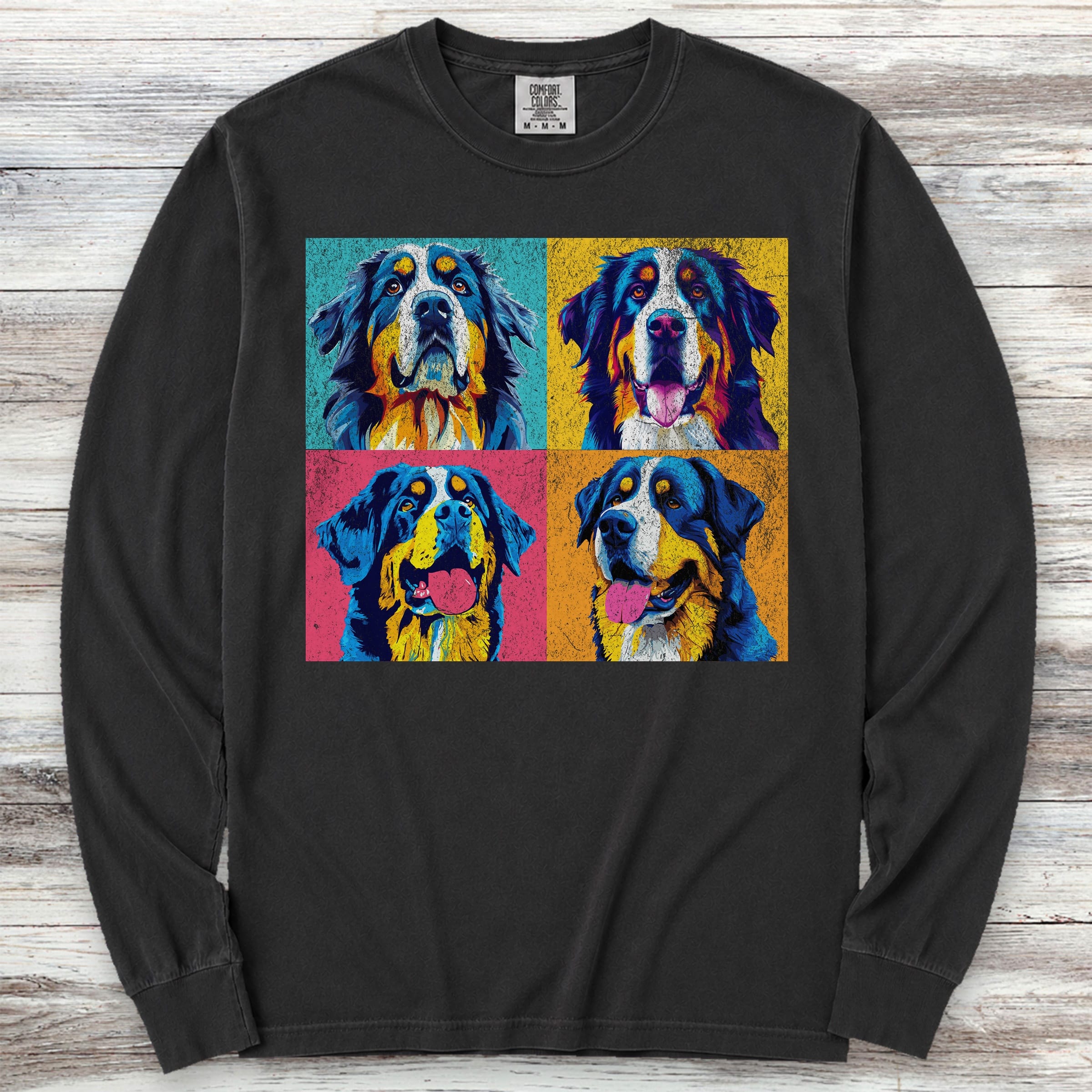 Bernese Mountain Dog Pop Art Long Sleeve Tee - Black