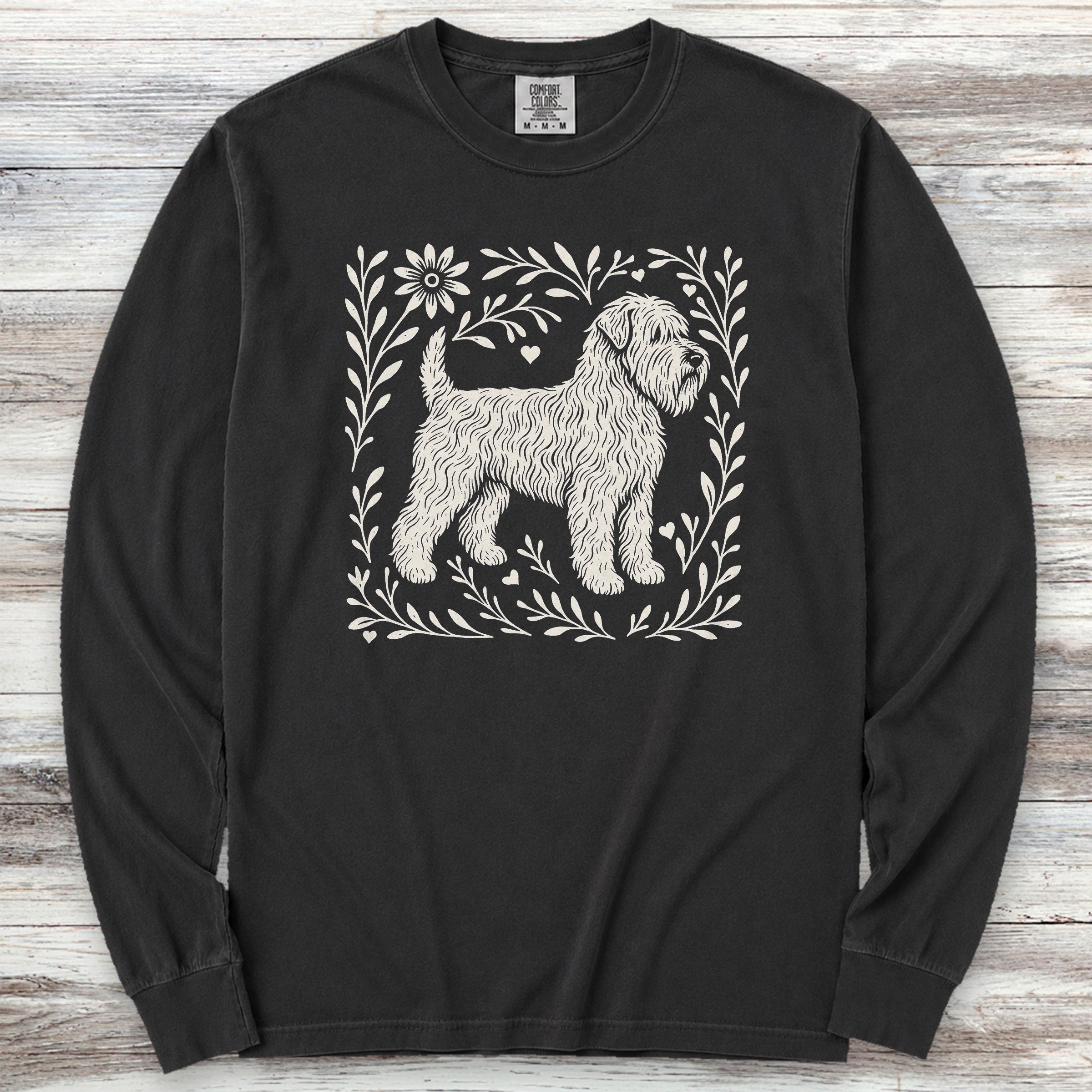 Wheaten Terrier Linocut Long Sleeve Tee - Black