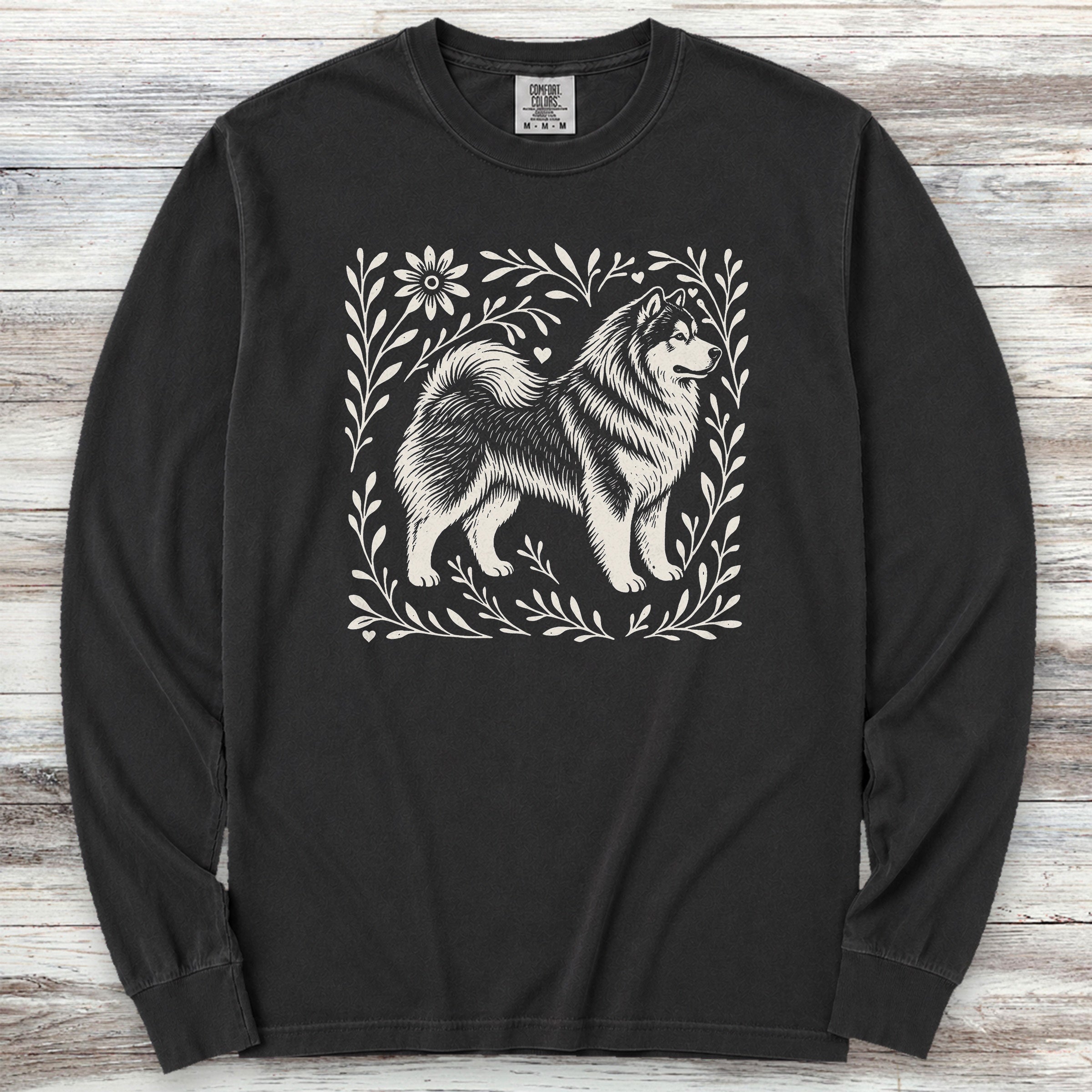 Alaskan Malamute Linocut Long Sleeve Tee - Black