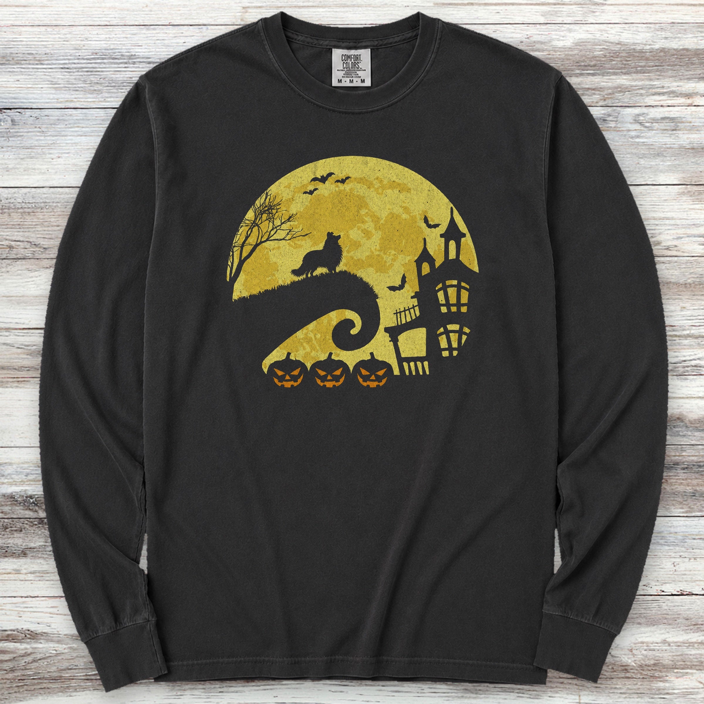 Shetland Sheepdog Halloween Moon Long Sleeve Tee - Black