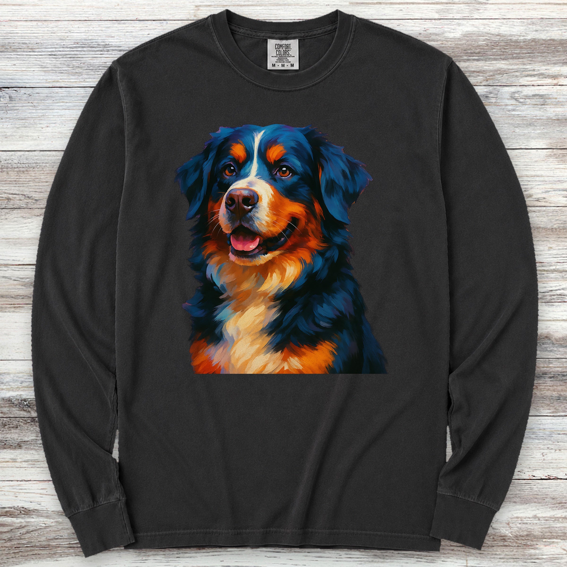 Bernese Mountain Dog Oil Painting Long Sleeve Tee - Black