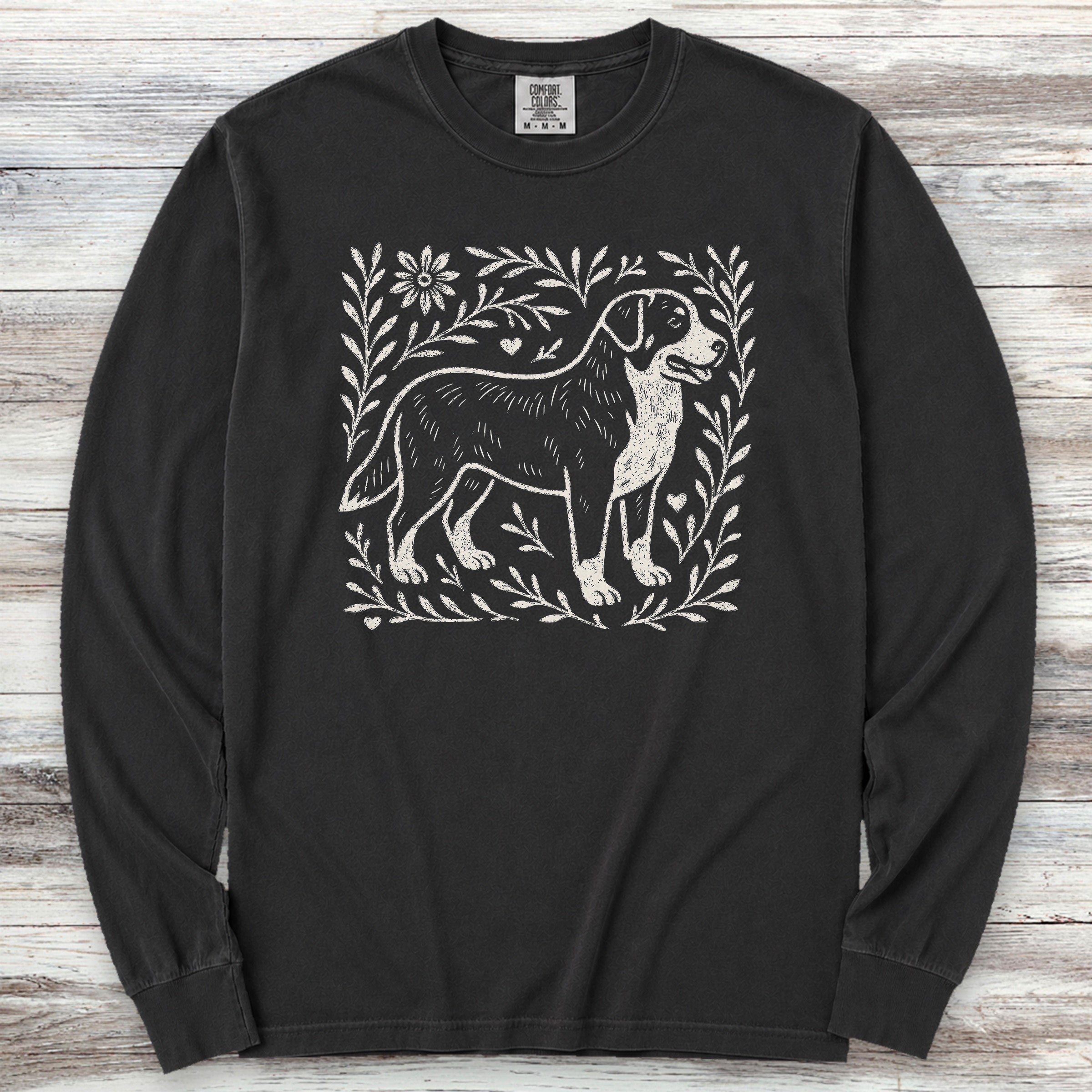 Swiss Mountain Dog Linocut Long Sleeve Tee - Black