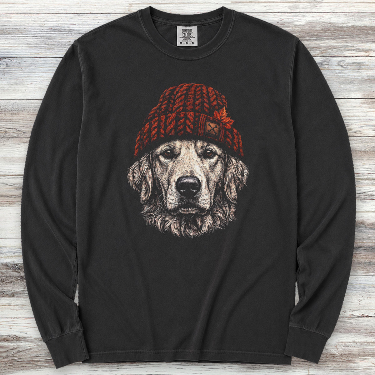 Golden Retriever Maple Beanie Long Sleeve Tee - Black