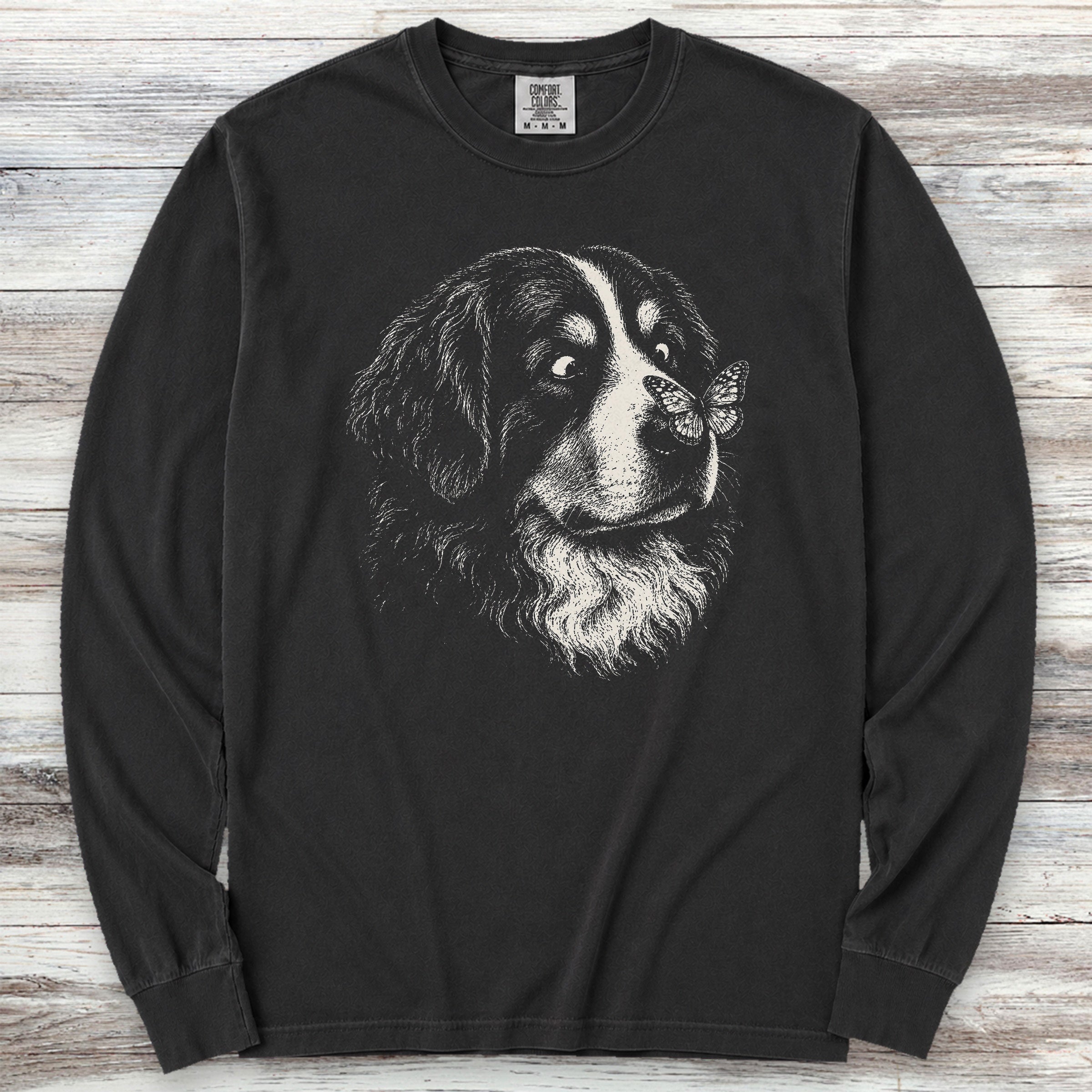 Bernese Mountain Dog Butterfly Long Sleeve Tee - Black