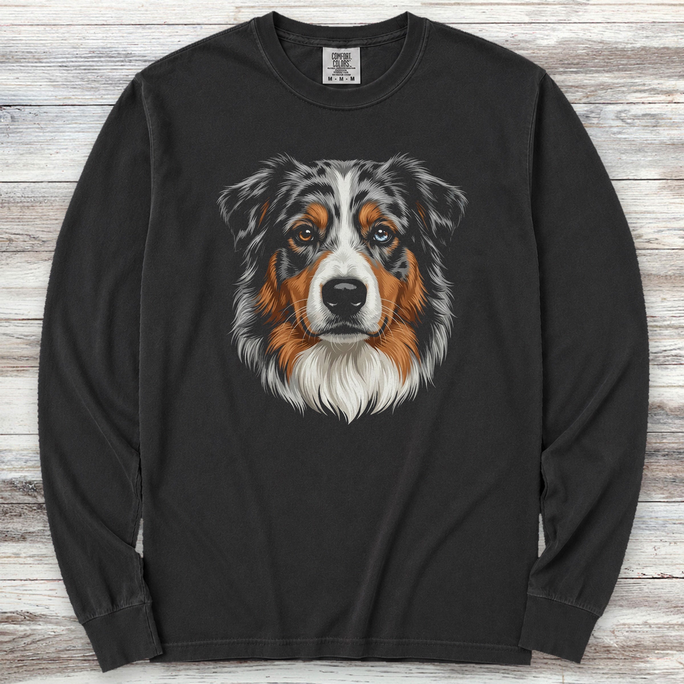 Australian Shepherd Merle Studio Portrait Long Sleeve Tee - Black